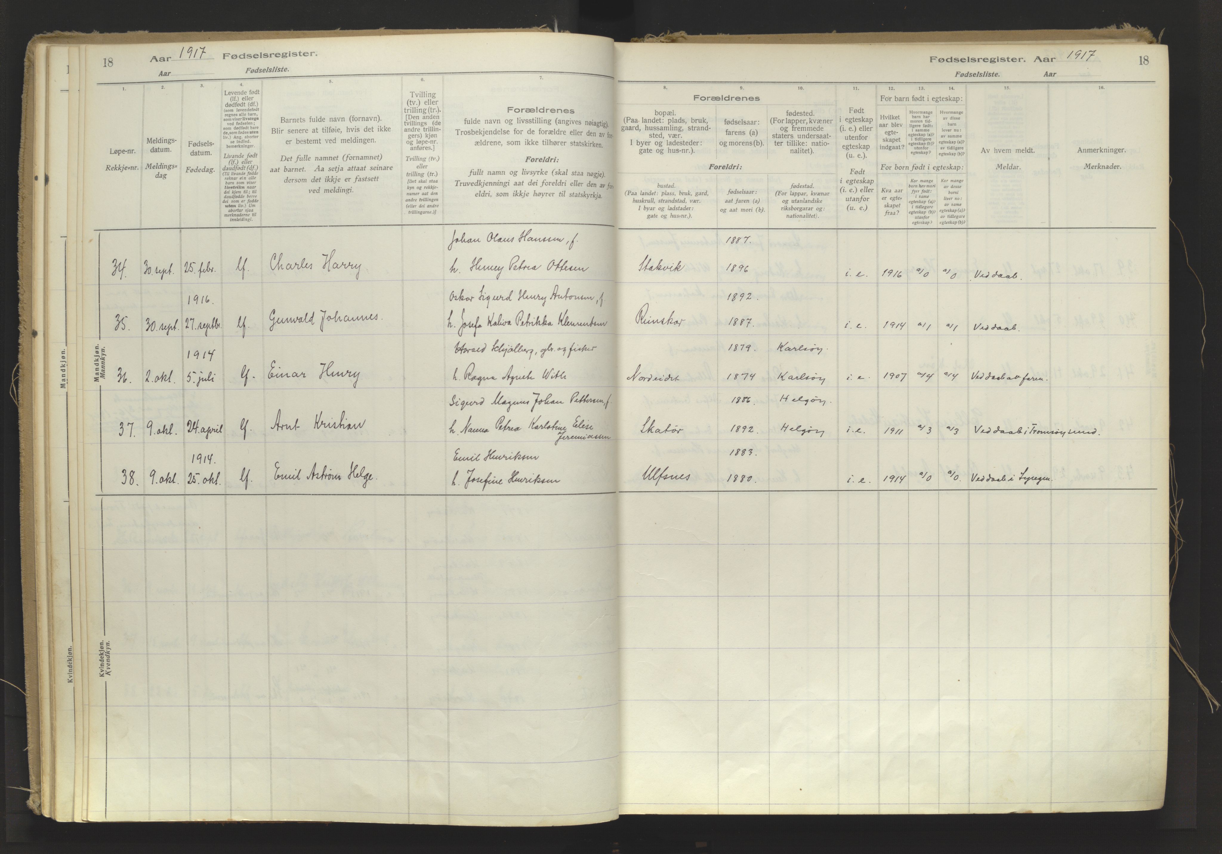 Karlsøy sokneprestembete, AV/SATØ-S-1299/I/Ic/L0064: Fødselsregister nr. 64, 1916-1943, s. 18