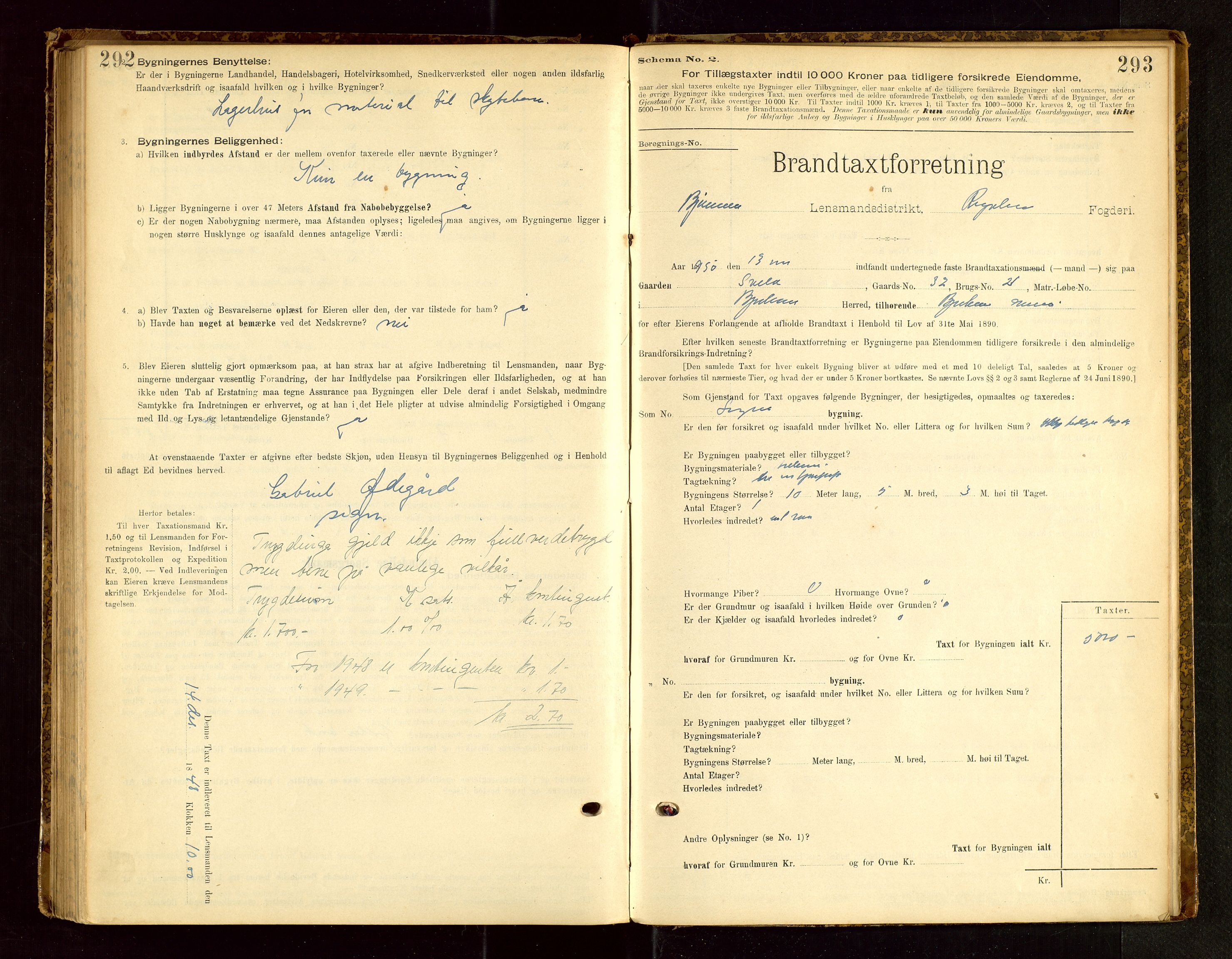 Bjerkreim lensmannskontor, SAST/A-100090/Gob/L0001: "Brandtaxationsprotokol", 1895-1950, s. 292-293