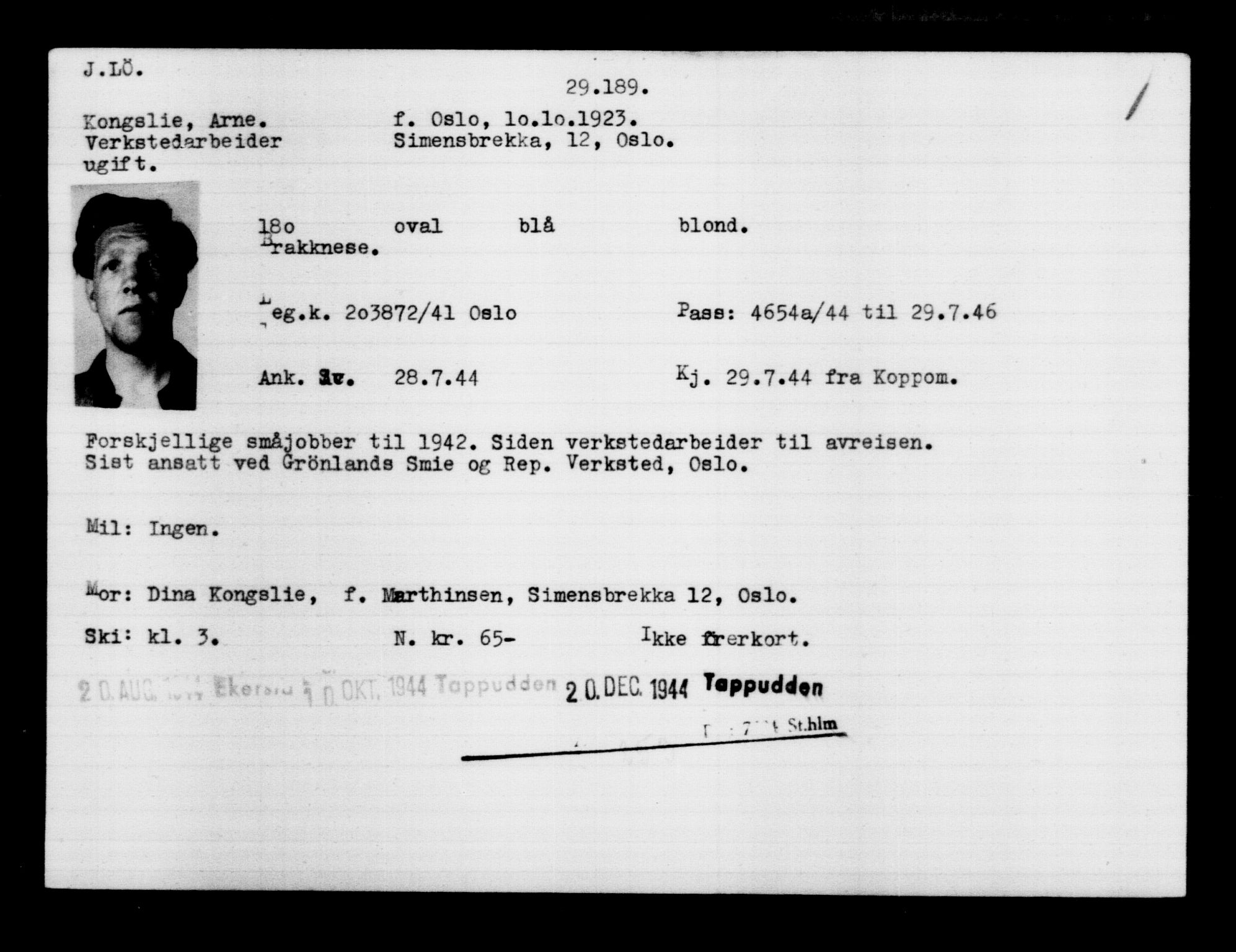 Utenriksstasjonene, Legasjonen i Stockholm, Flyktningkontoret, AV/RA-S-6753/V/Va/L0012: Kjesäterkartoteket, flyktninger med registreringsnr. 28300-31566, 1940-1945, s. 970