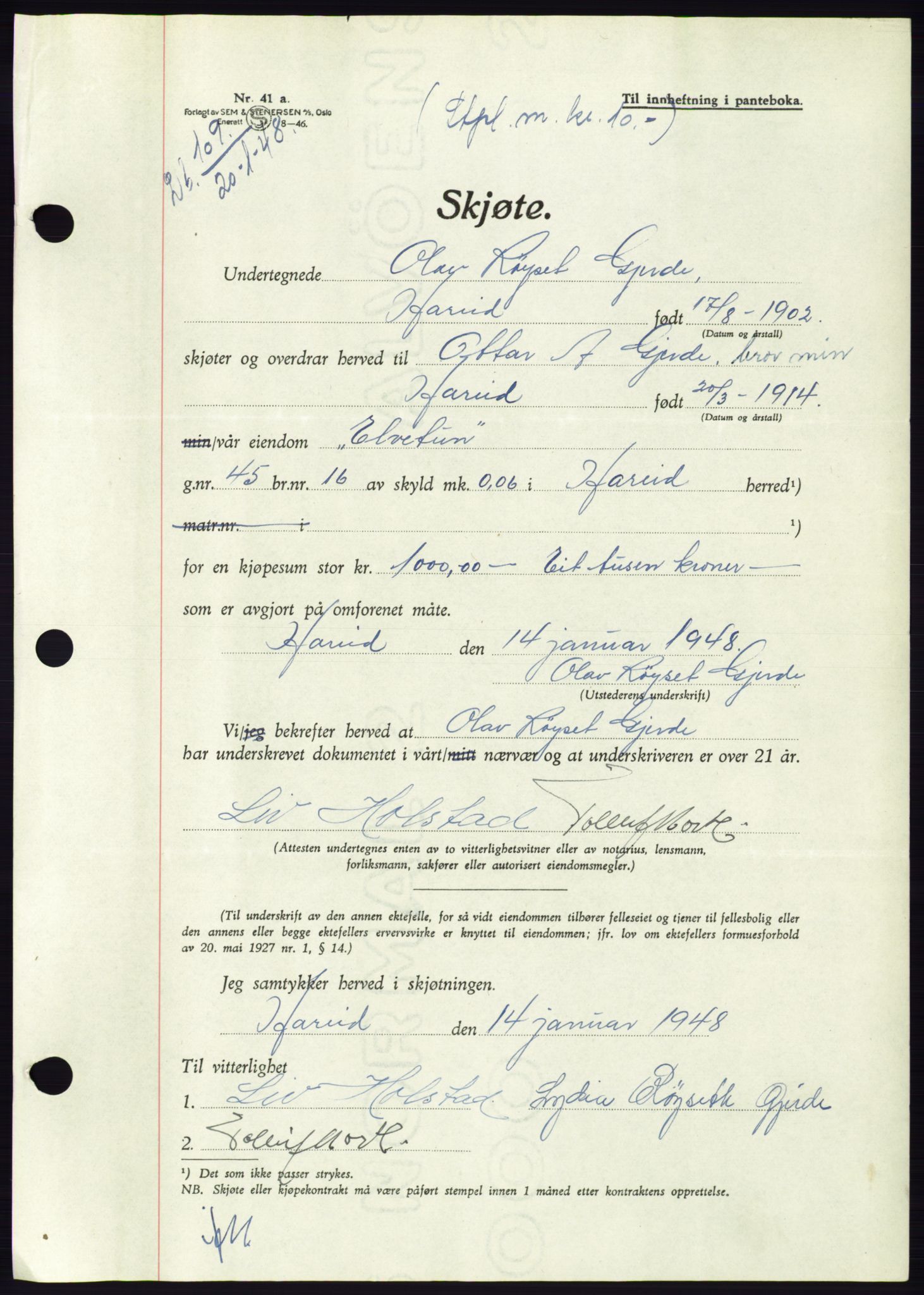 Søre Sunnmøre sorenskriveri, SAT/A-4122/1/2/2C/L0082: Pantebok nr. 8A, 1948-1948, Dagboknr: 109/1948