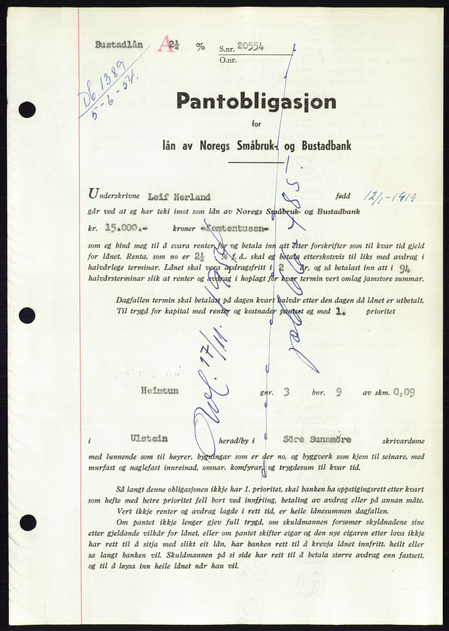 Søre Sunnmøre sorenskriveri, SAT/A-4122/1/2/2C/L0125: Pantebok nr. 13B, 1954-1954, Dagboknr: 1389/1954