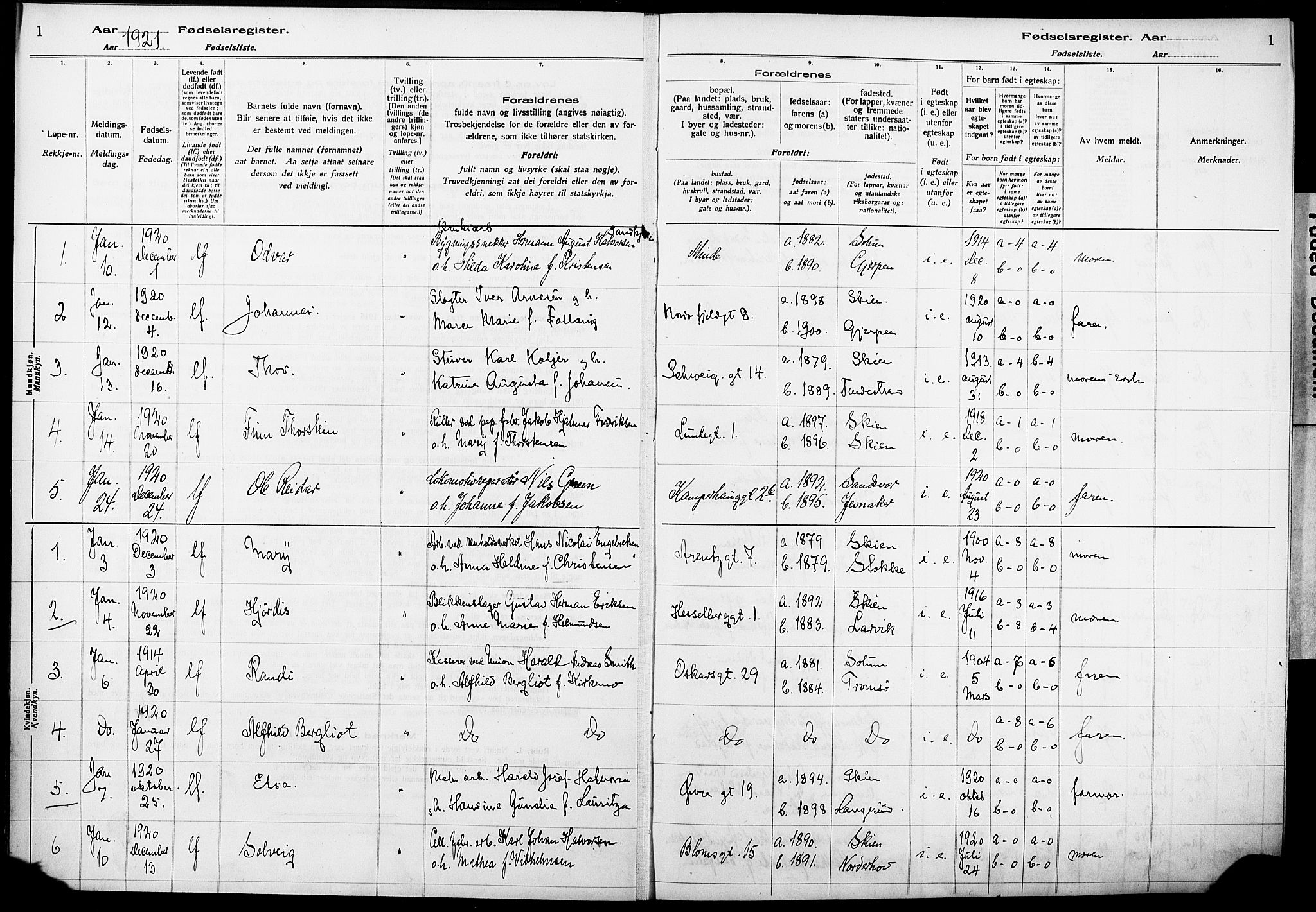 Skien kirkebøker, AV/SAKO-A-302/J/Ja/L0002: Fødselsregister nr. 2, 1921-1927, s. 1
