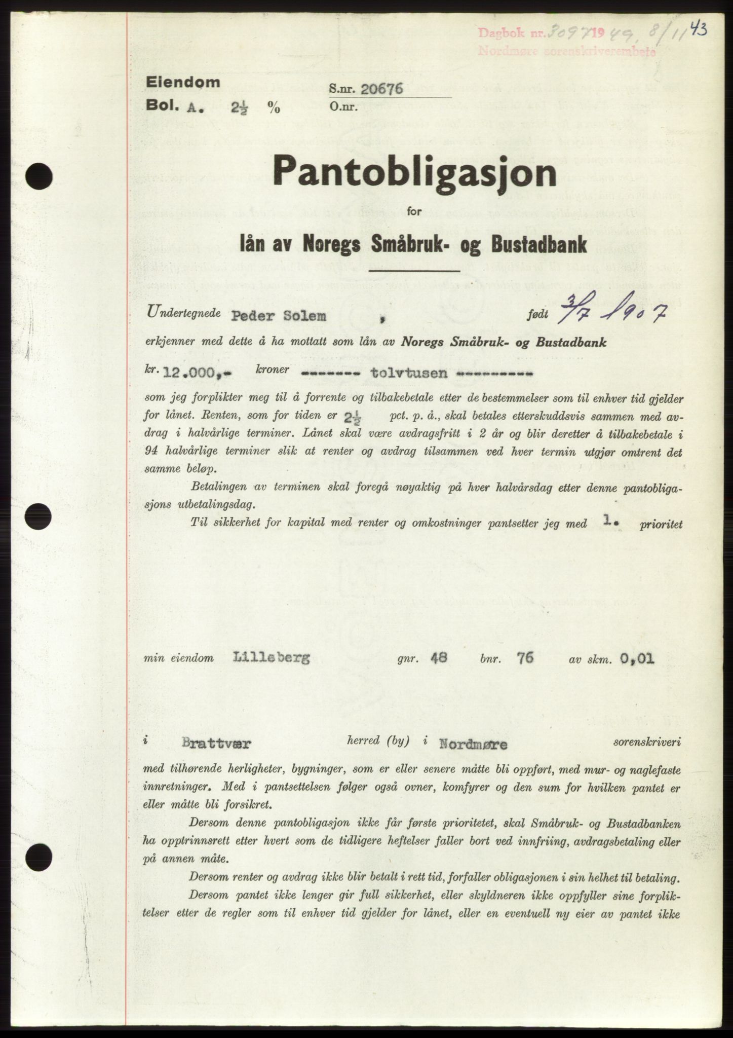 Nordmøre sorenskriveri, SAT/A-4132/1/2/2Ca: Pantebok nr. B103, 1949-1950, Dagboknr: 3097/1949