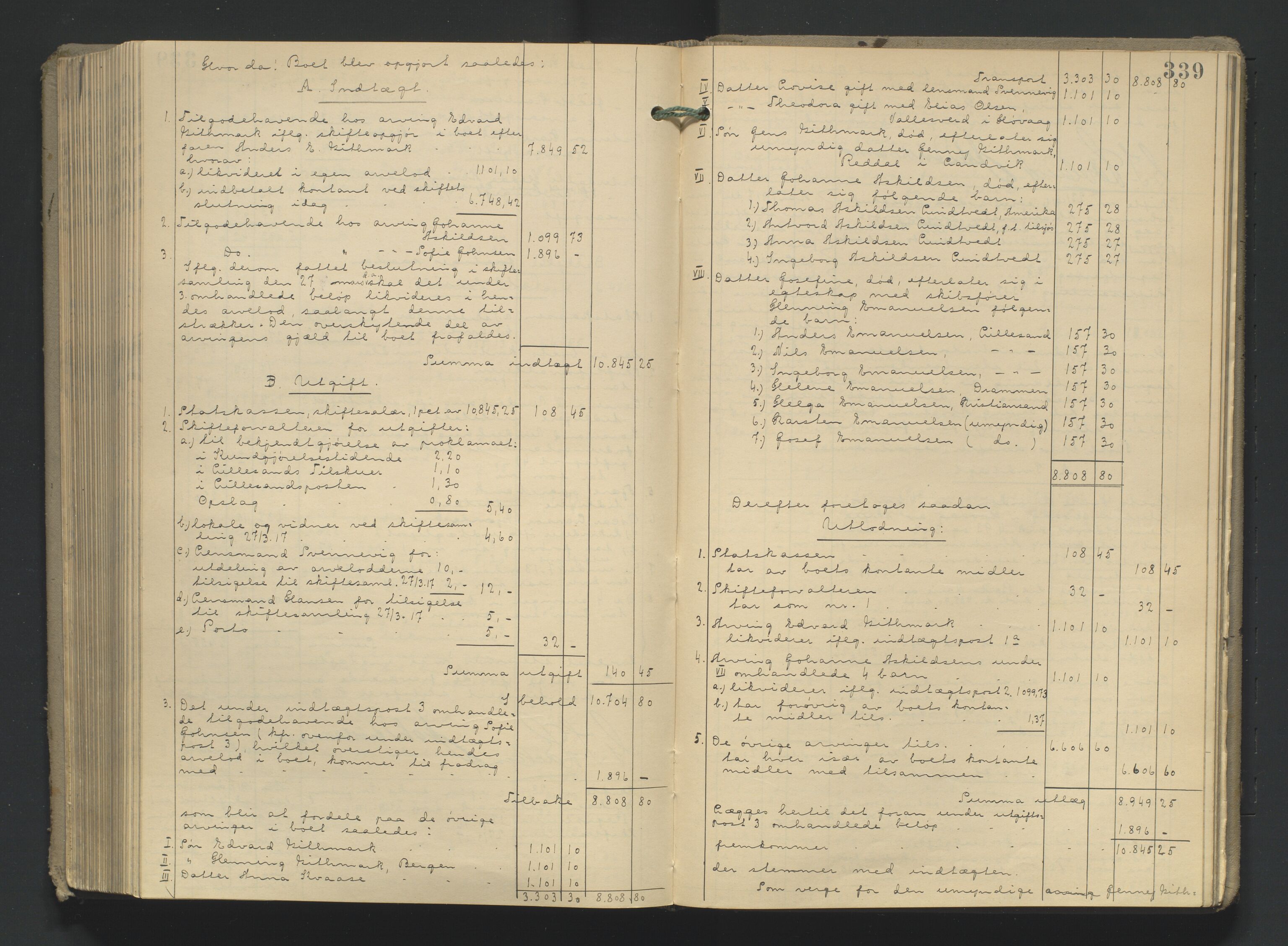 Vestre Nedenes/Sand sorenskriveri, AV/SAK-1221-0010/H/Hc/L0021: Skifteutlodningsprotokoll nr. 8, 1907-1919