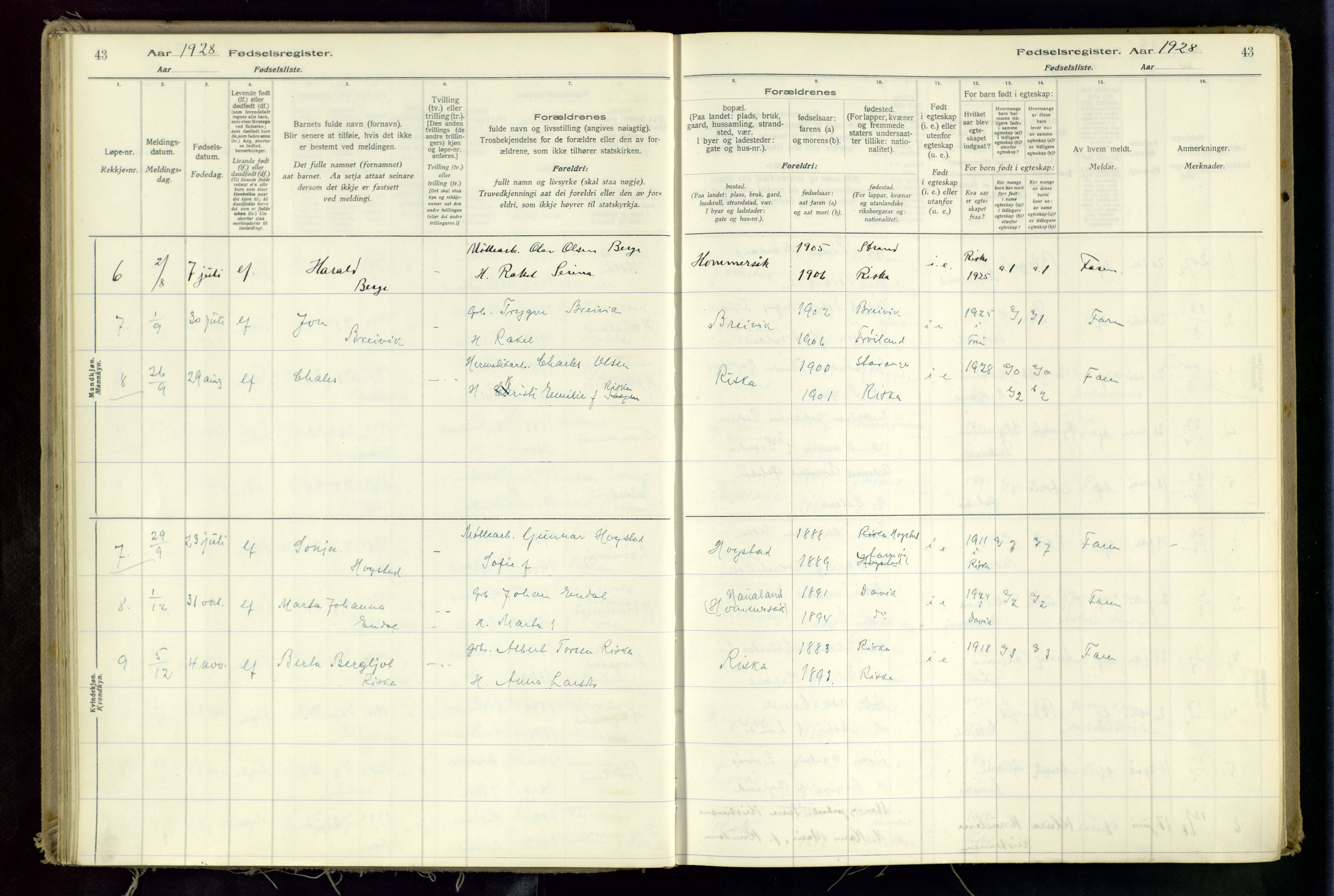 Hetland sokneprestkontor, AV/SAST-A-101826/70/704BA/L0002: Fødselsregister nr. 2, 1916-1968, s. 43