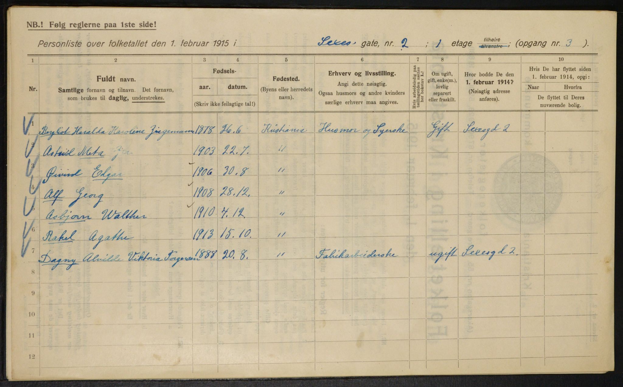 OBA, Kommunal folketelling 1.2.1915 for Kristiania, 1915, s. 94416