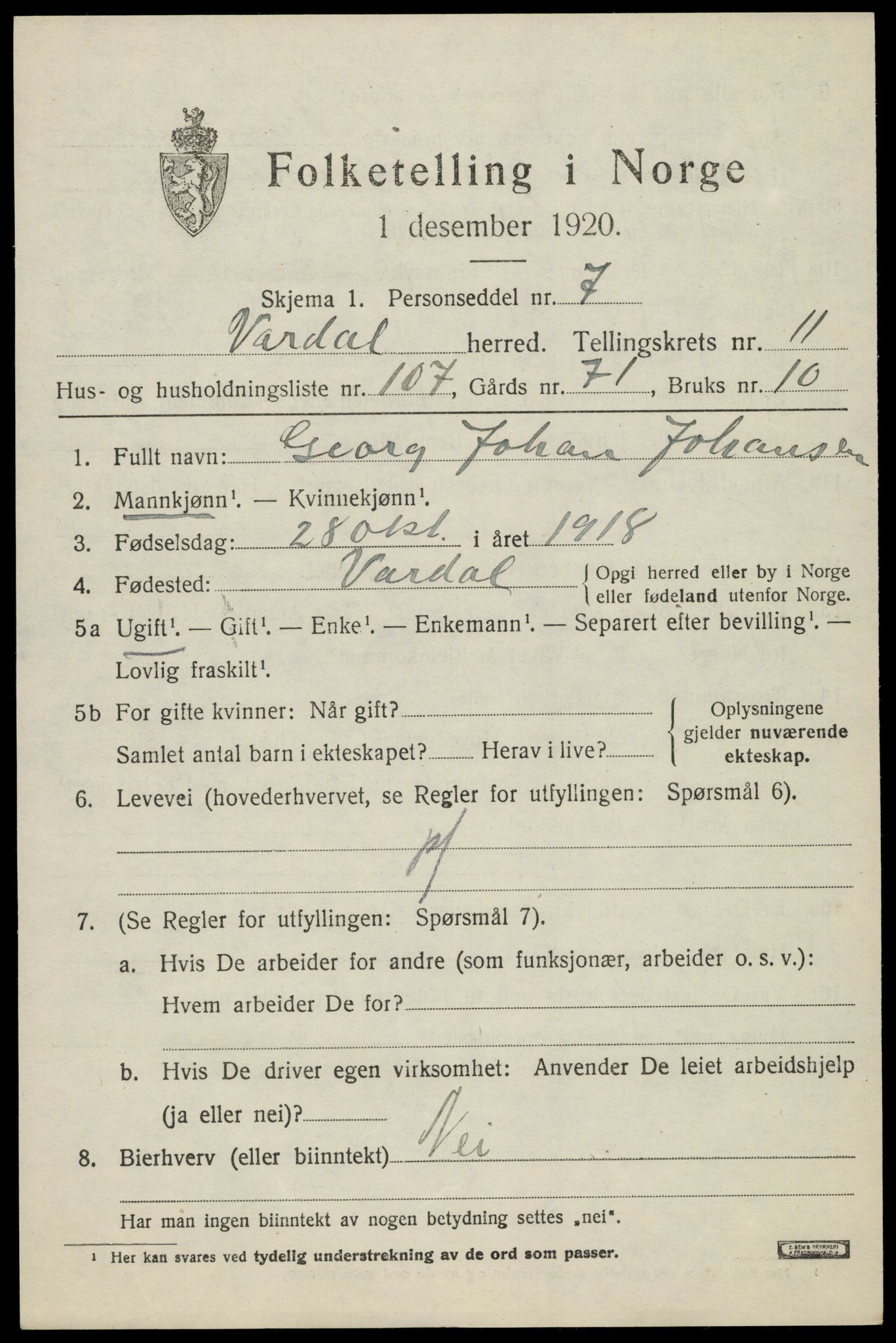 SAH, Folketelling 1920 for 0527 Vardal herred, 1920, s. 12407