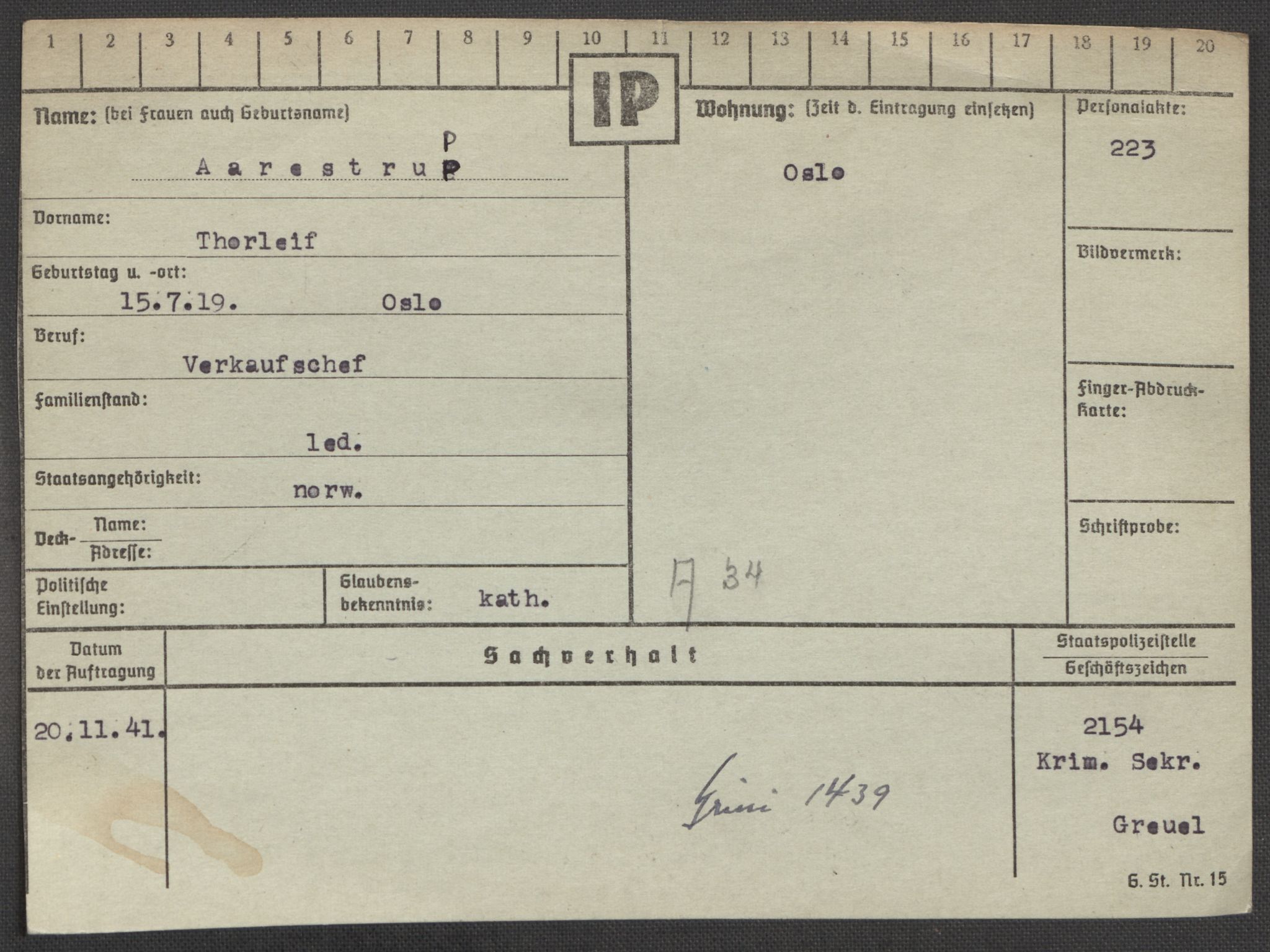 Befehlshaber der Sicherheitspolizei und des SD, AV/RA-RAFA-5969/E/Ea/Eaa/L0010: Register over norske fanger i Møllergata 19: Sø-Å, 1940-1945, s. 1458