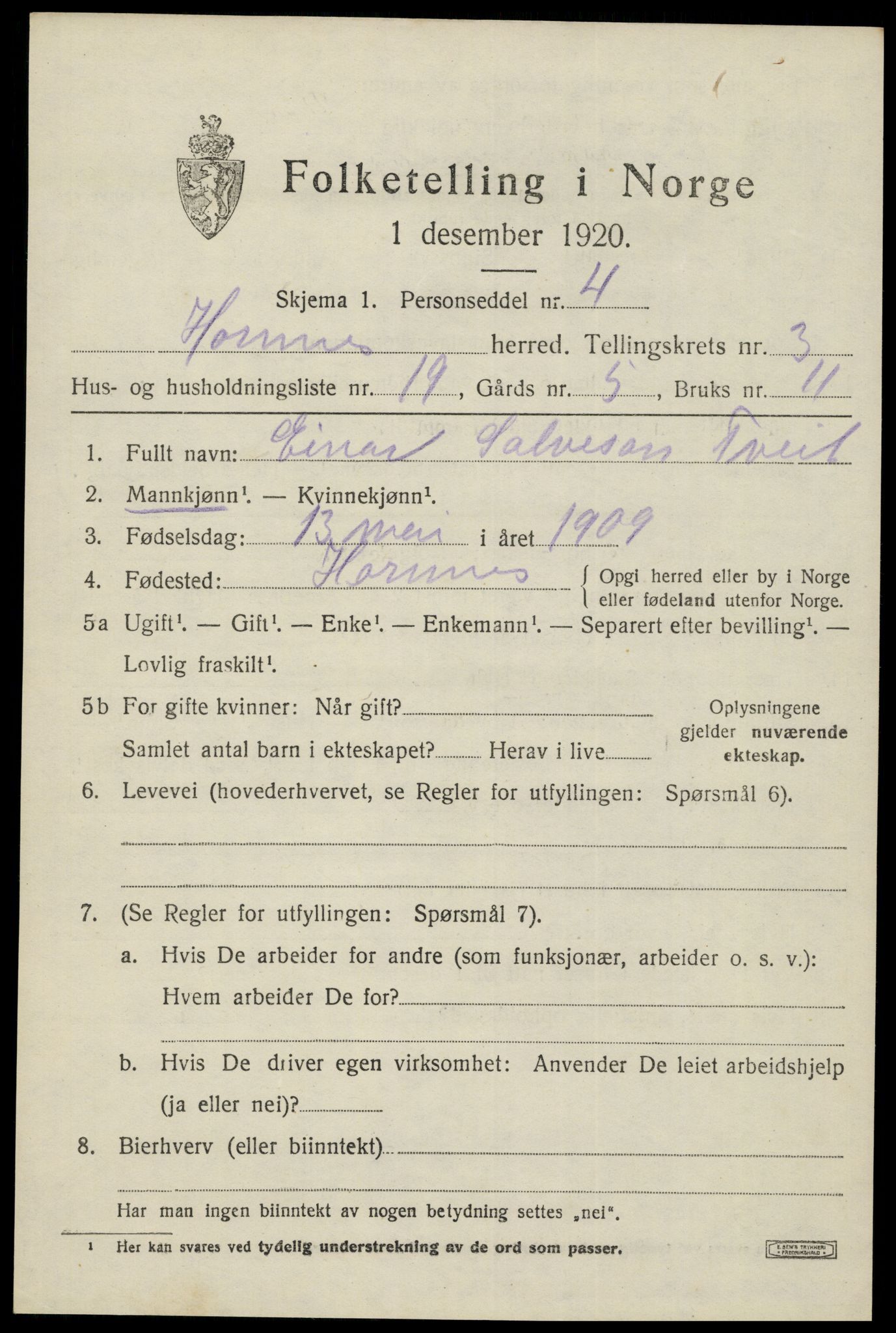 SAK, Folketelling 1920 for 0936 Hornnes herred, 1920, s. 1027