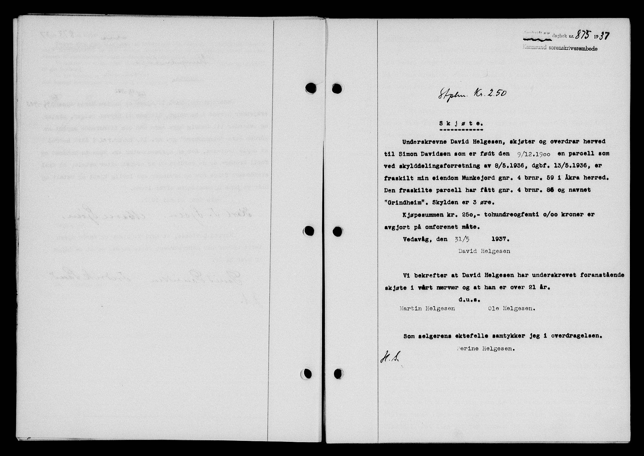 Karmsund sorenskriveri, SAST/A-100311/01/II/IIB/L0068: Pantebok nr. 49A, 1937-1937, Dagboknr: 875/1937