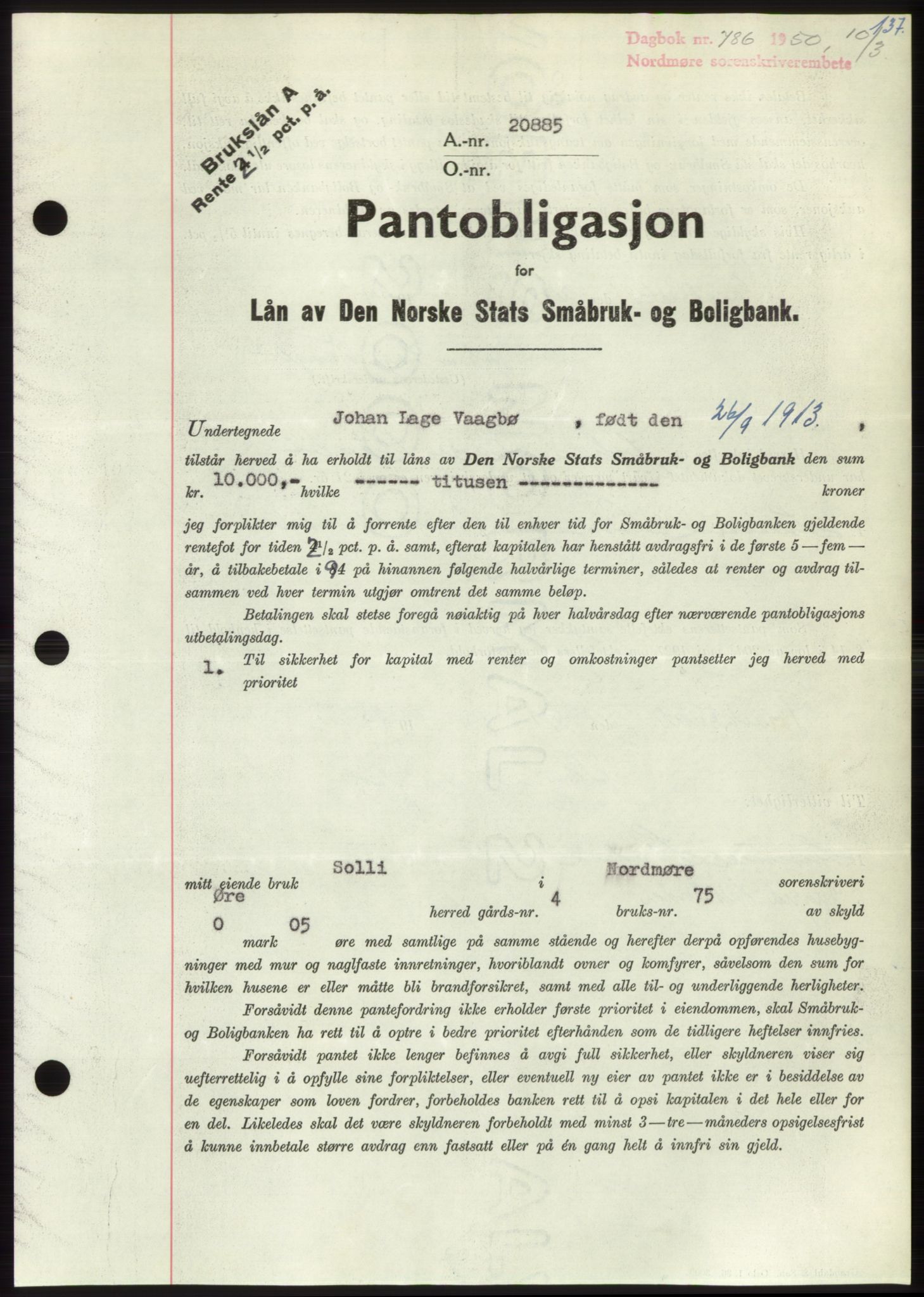 Nordmøre sorenskriveri, AV/SAT-A-4132/1/2/2Ca: Pantebok nr. B104, 1950-1950, Dagboknr: 786/1950