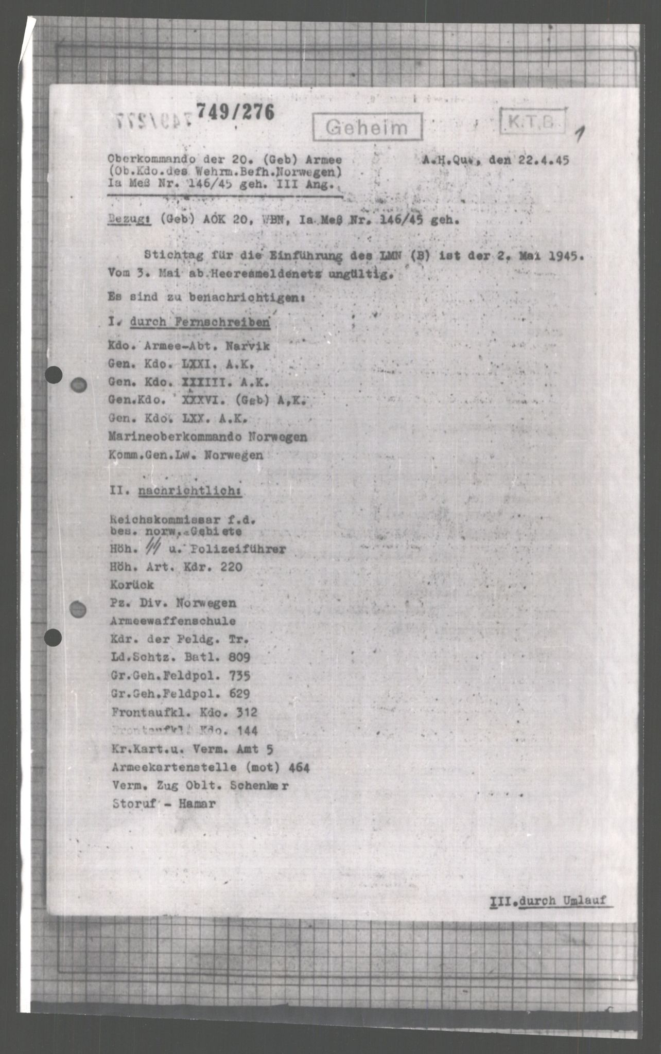 Forsvarets Overkommando. 2 kontor. Arkiv 11.4. Spredte tyske arkivsaker, AV/RA-RAFA-7031/D/Dar/Dara/L0004: Krigsdagbøker for 20. Gebirgs-Armee-Oberkommando (AOK 20), 1945, s. 721