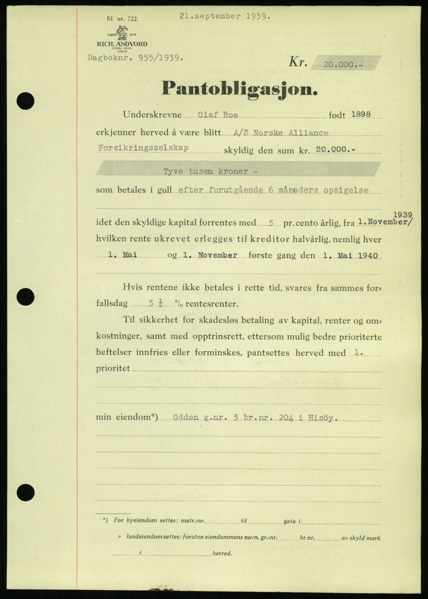 Nedenes sorenskriveri, SAK/1221-0006/G/Gb/Gbb/L0001: Pantebok nr. I, 1939-1942, Dagboknr: 955/1939