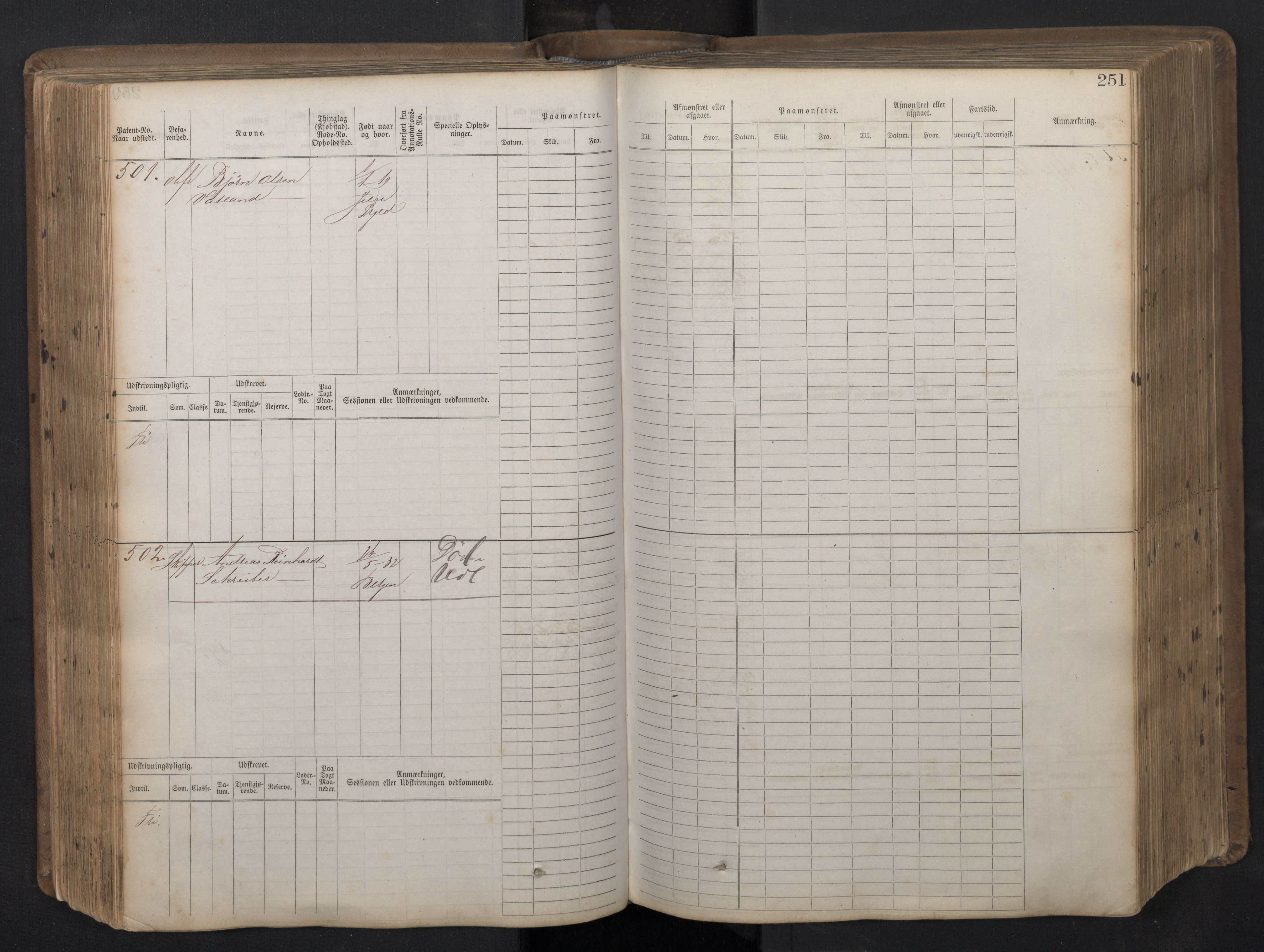 Stavanger sjømannskontor, AV/SAST-A-102006/F/Fb/Fbb/L0016: Sjøfartshovedrulle patnentnr. 1-1202 (dublett), 1869, s. 251