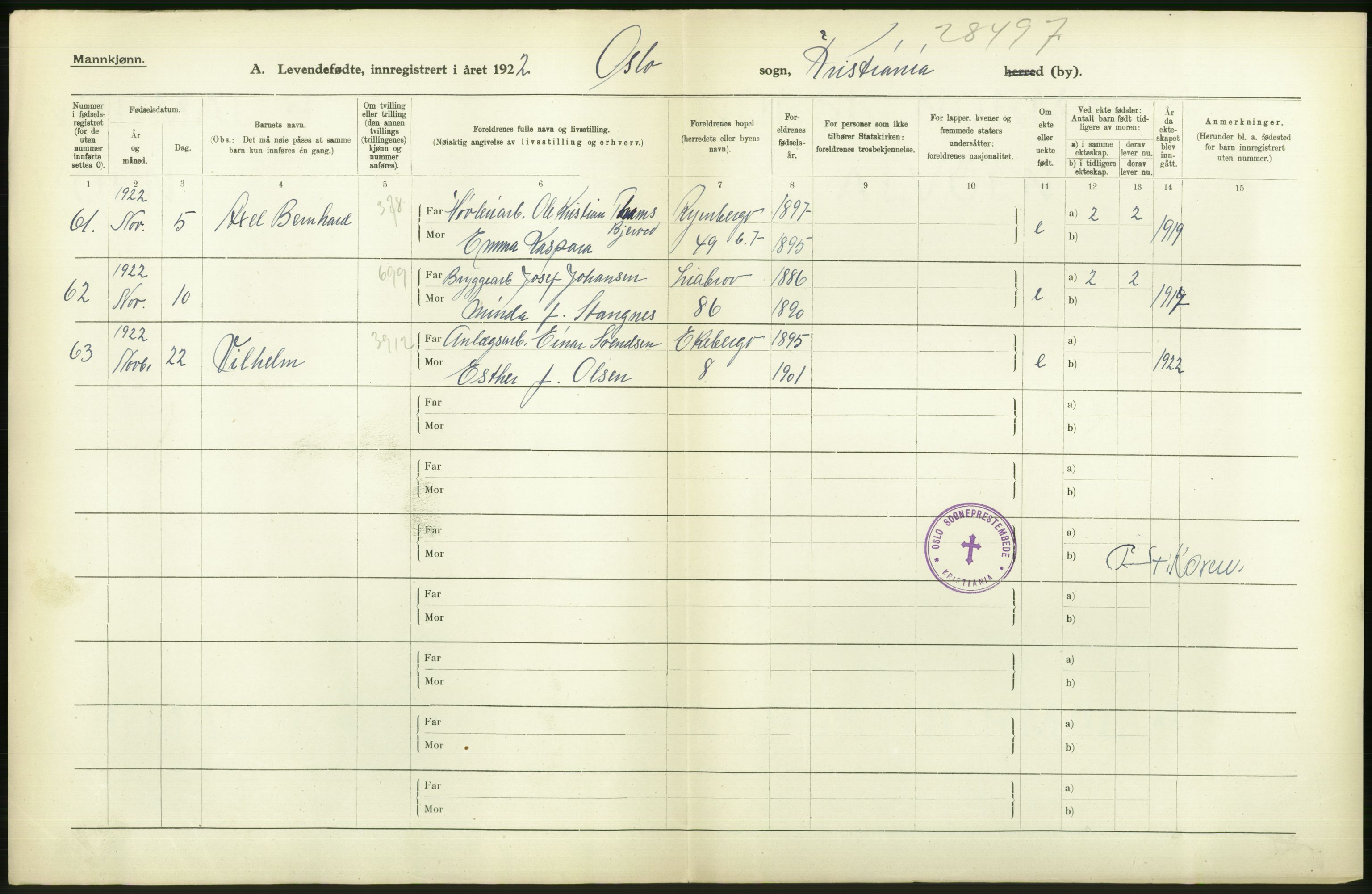 Statistisk sentralbyrå, Sosiodemografiske emner, Befolkning, AV/RA-S-2228/D/Df/Dfc/Dfcb/L0007: Kristiania: Levendefødte menn og kvinner., 1922, s. 24