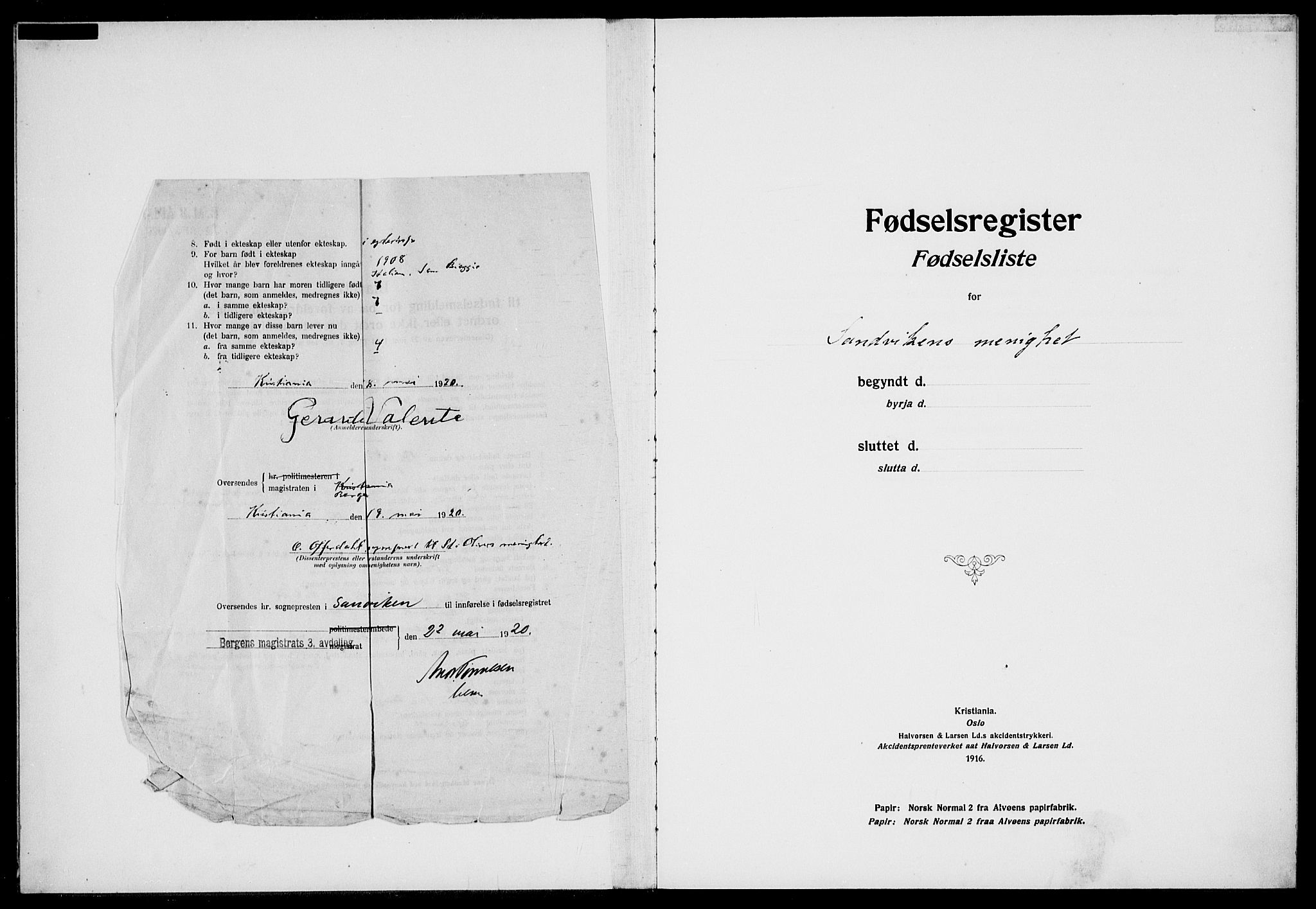 Sandviken Sokneprestembete, AV/SAB-A-77601/I/Ib/L00A1: Fødselsregister nr. A 1, 1915-1920