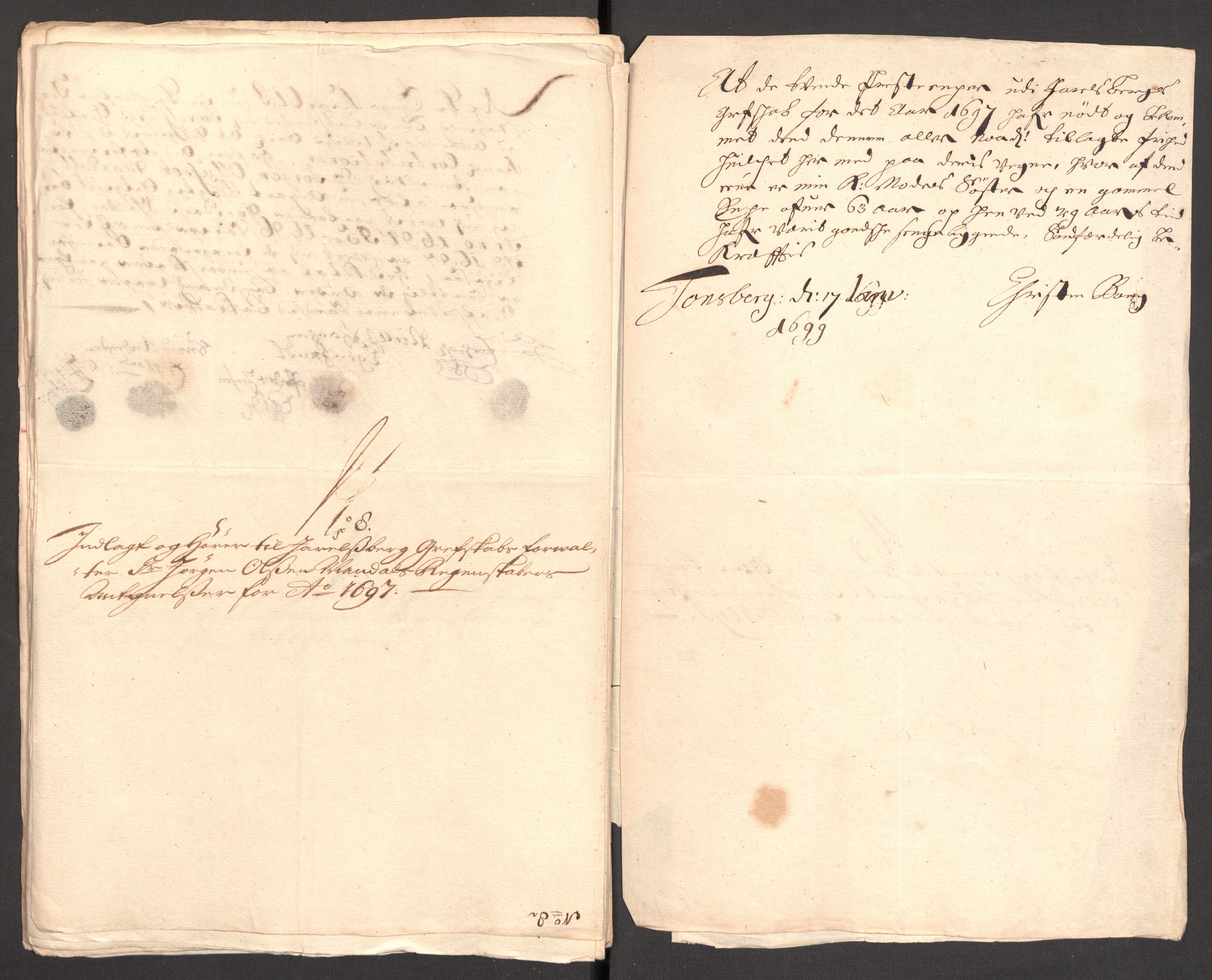 Rentekammeret inntil 1814, Reviderte regnskaper, Fogderegnskap, AV/RA-EA-4092/R32/L1868: Fogderegnskap Jarlsberg grevskap, 1697-1699, s. 450