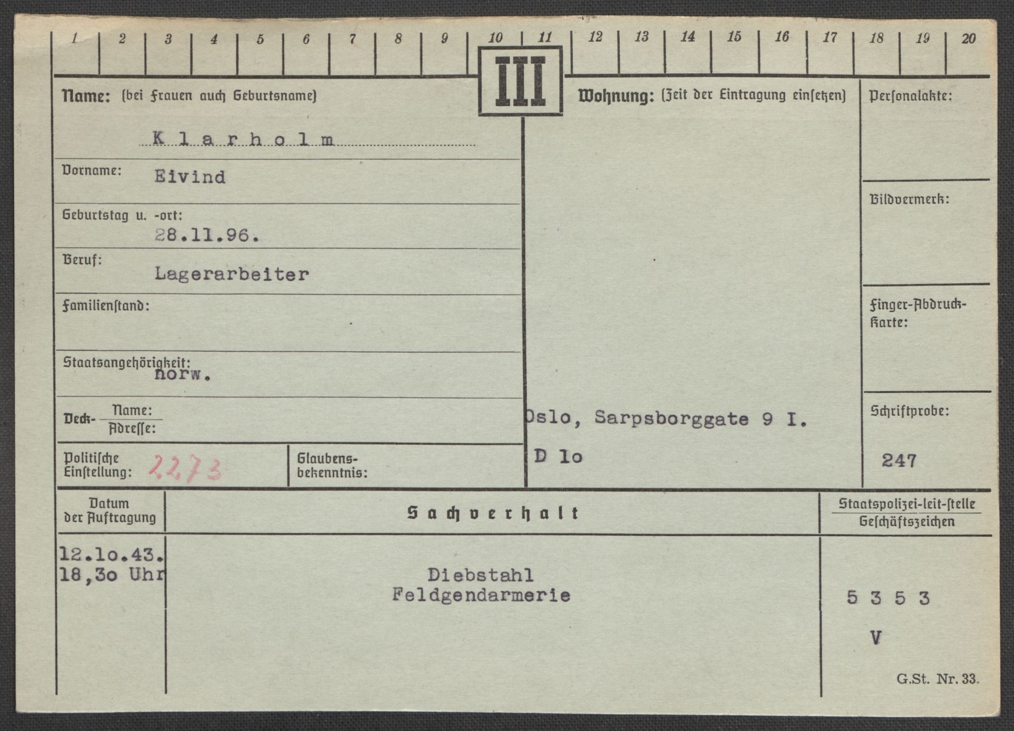 Befehlshaber der Sicherheitspolizei und des SD, AV/RA-RAFA-5969/E/Ea/Eaa/L0006: Register over norske fanger i Møllergata 19: Kj-Lund, 1940-1945, s. 70