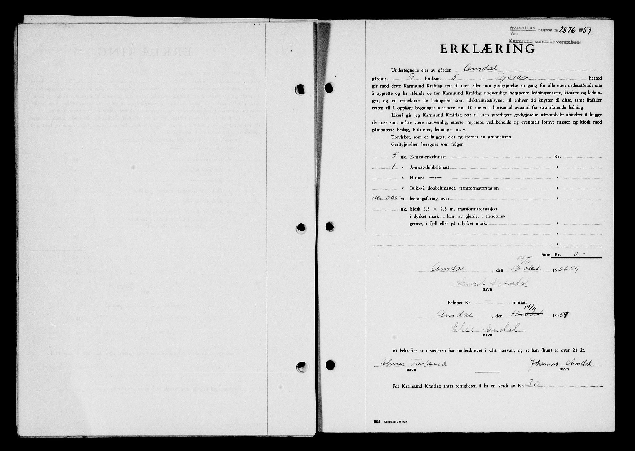 Karmsund sorenskriveri, SAST/A-100311/01/II/IIB/L0132: Pantebok nr. 112A, 1959-1959, Dagboknr: 2876/1959