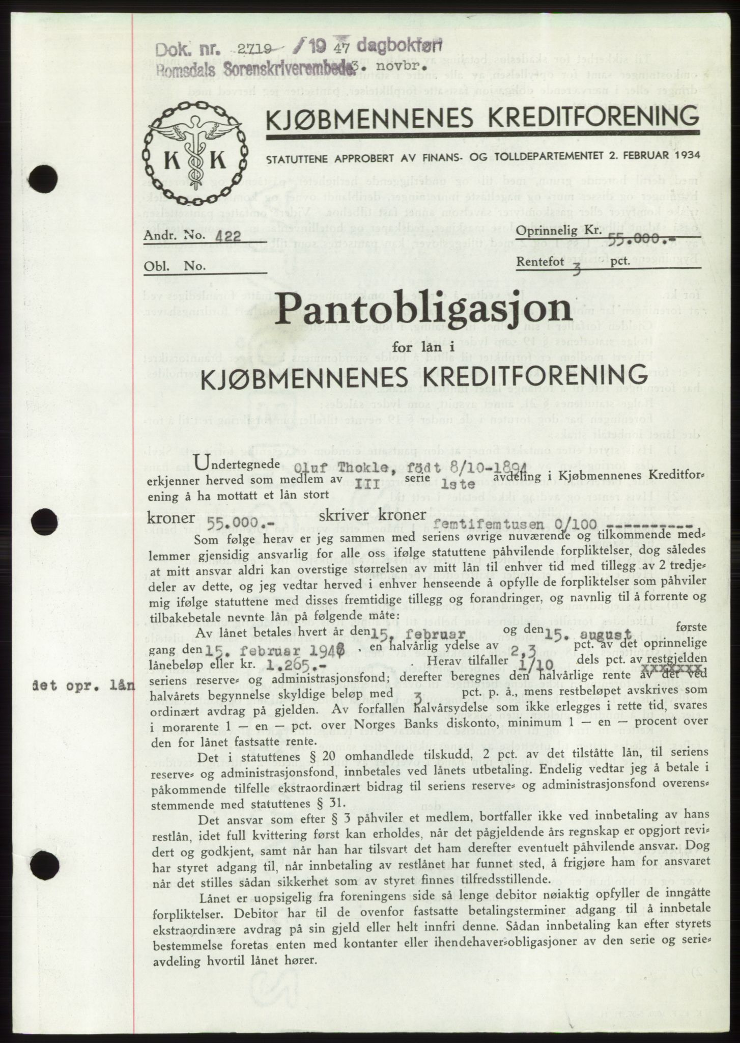 Romsdal sorenskriveri, SAT/A-4149/1/2/2C: Pantebok nr. B3, 1946-1948, Dagboknr: 2719/1947