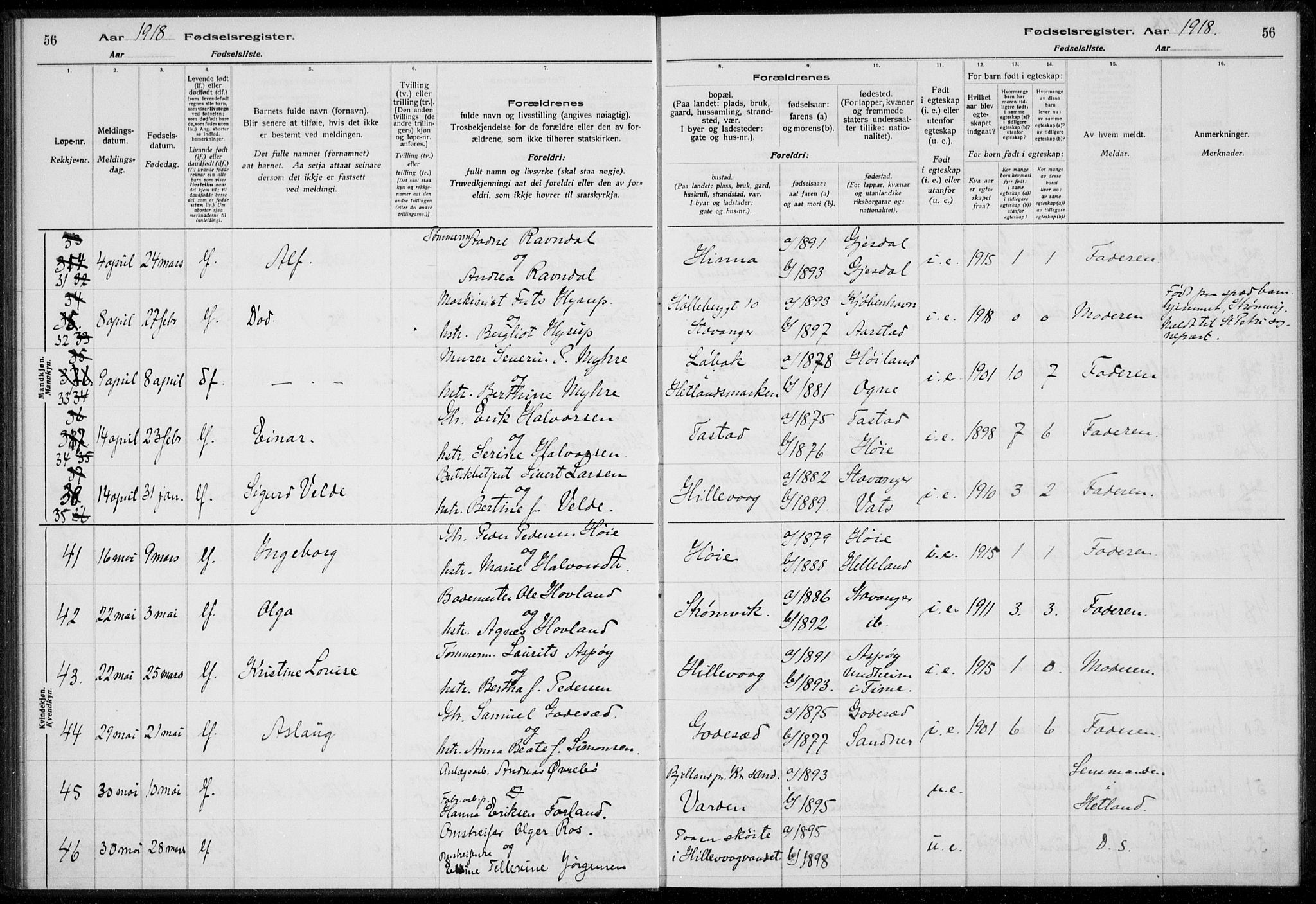 Hetland sokneprestkontor, AV/SAST-A-101826/70/704BA/L0003: Fødselsregister nr. 1, 1916-1923, s. 56