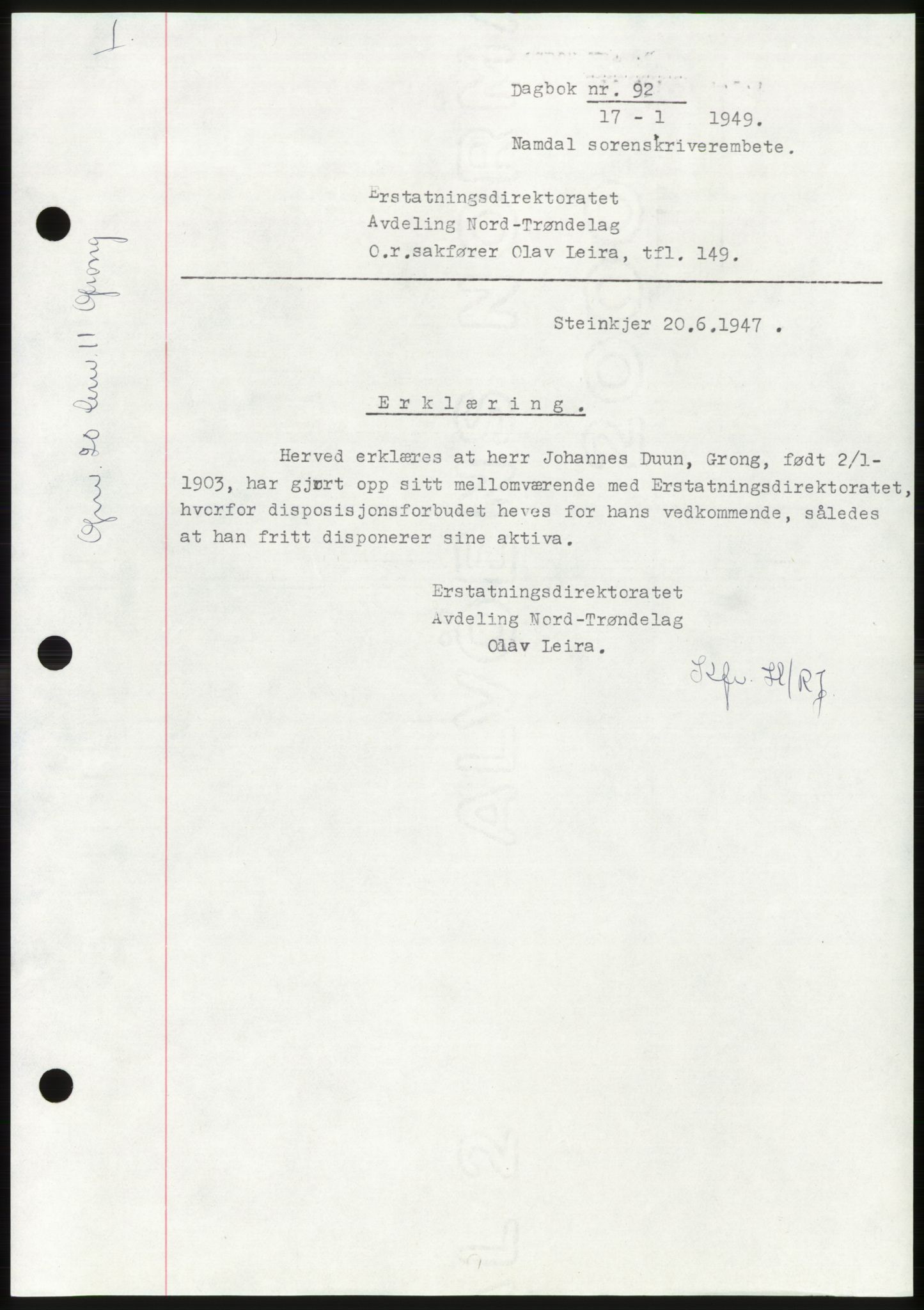 Namdal sorenskriveri, SAT/A-4133/1/2/2C: Pantebok nr. -, 1949-1949, Dagboknr: 92/1949