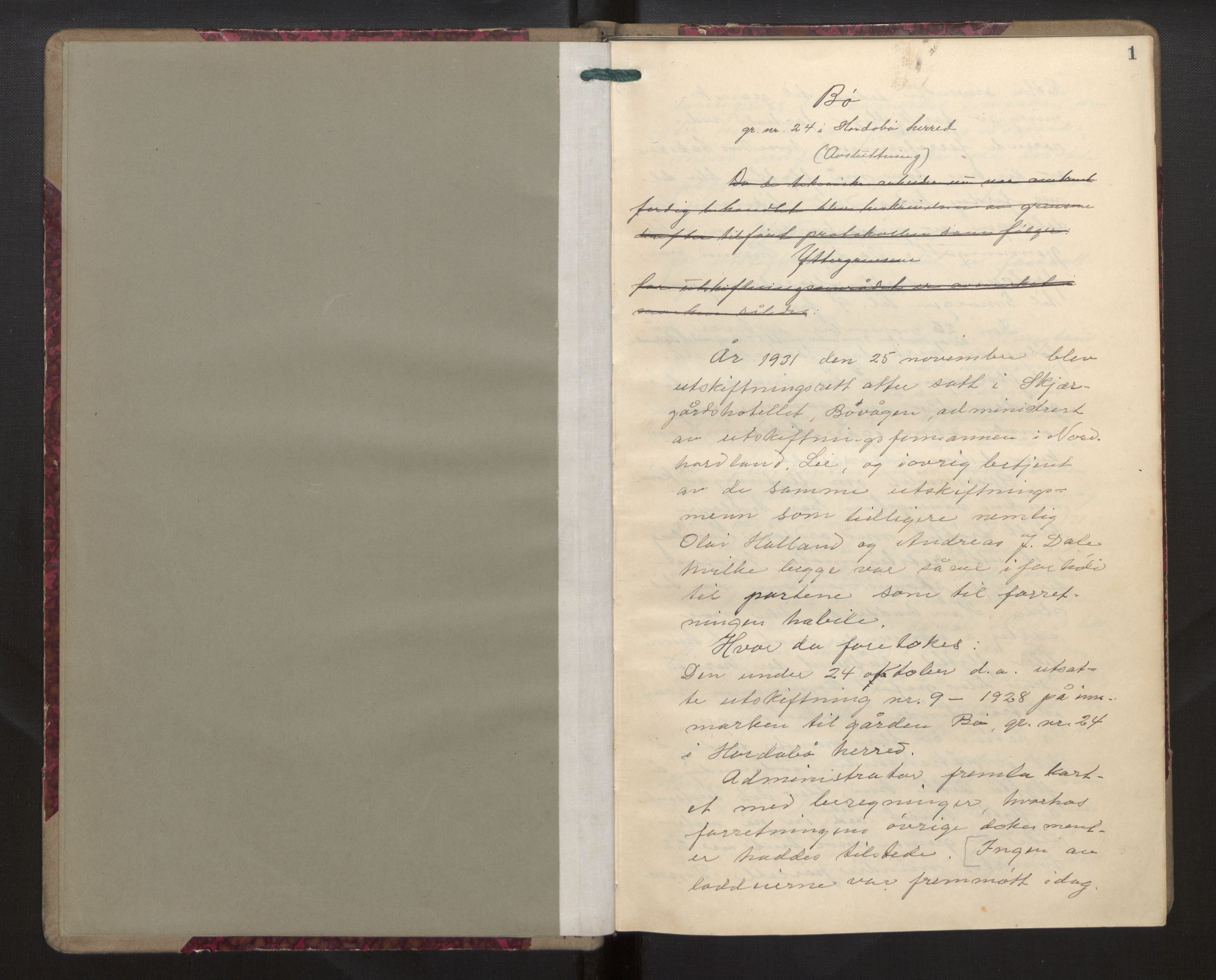 Hordaland jordskiftedøme - II Ytre Nordhordland jordskiftedistrikt, AV/SAB-A-6901/A/Aa/L0039: Forhandlingsprotokoll, 1944-1951, s. 1