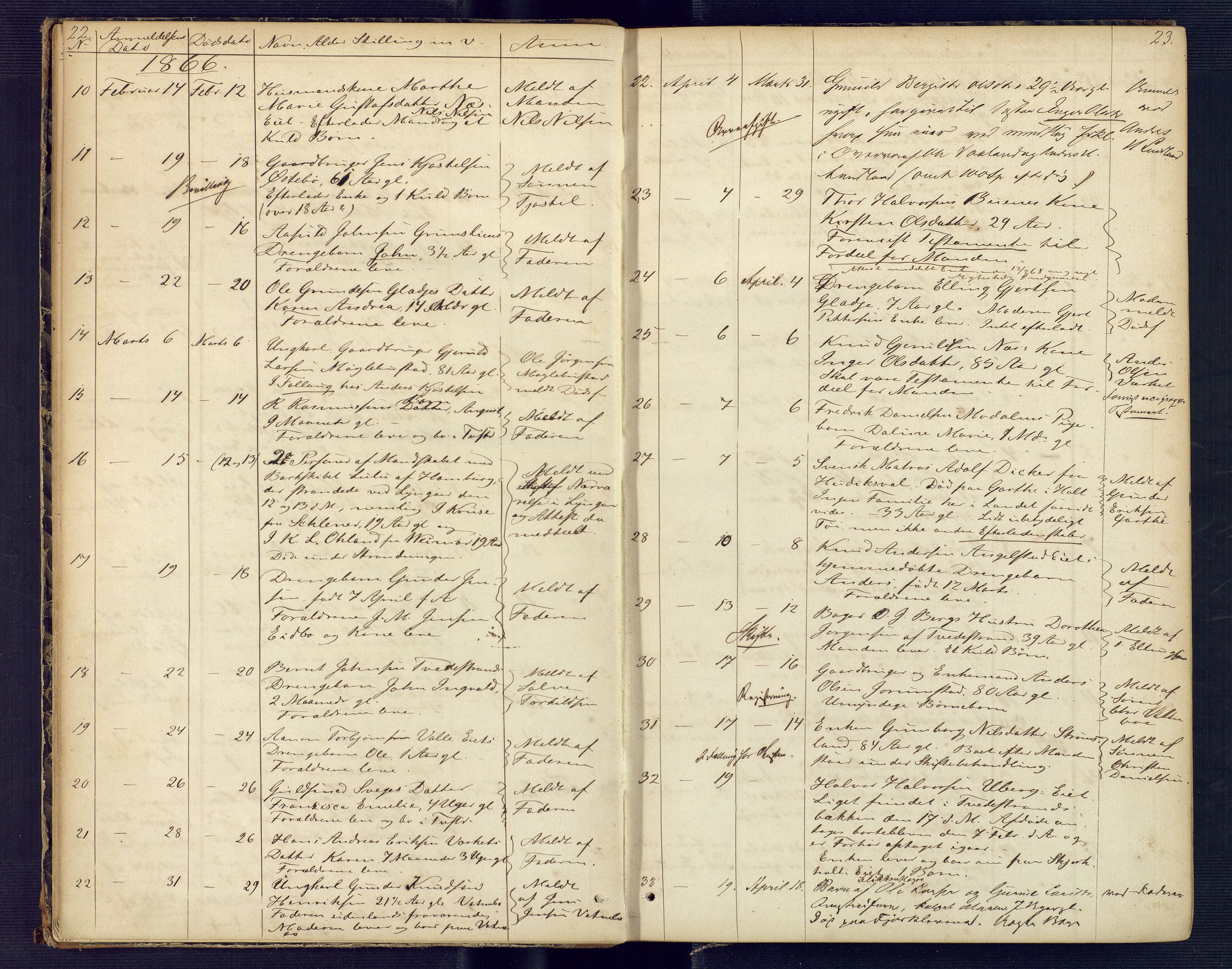 Holt sorenskriveri, AV/SAK-1221-0002/H/Ha/L0001: Dødsfallsprotokoll nr. 2, 1863-1882, s. 22-23