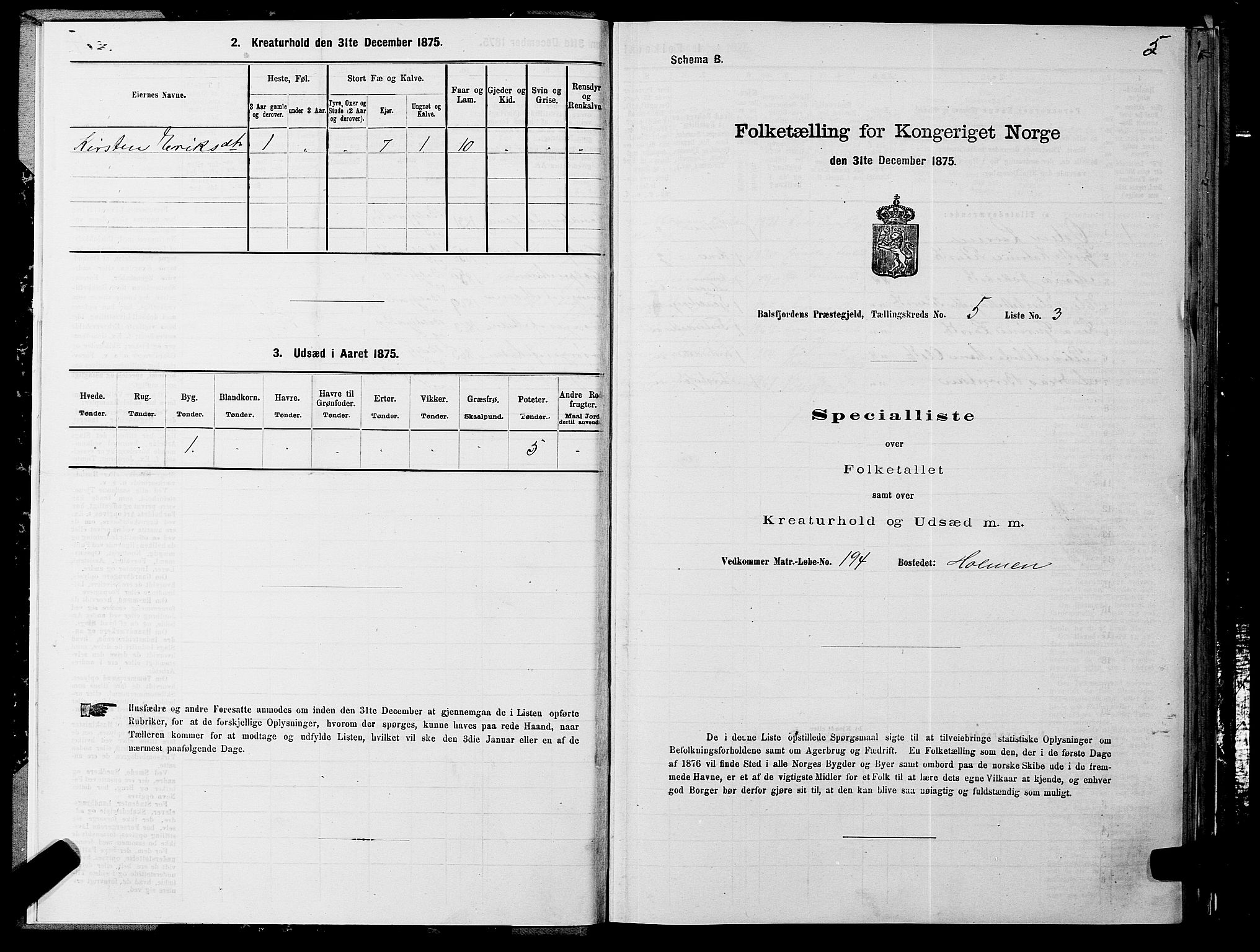 SATØ, Folketelling 1875 for 1933P Balsfjord prestegjeld, 1875, s. 3005