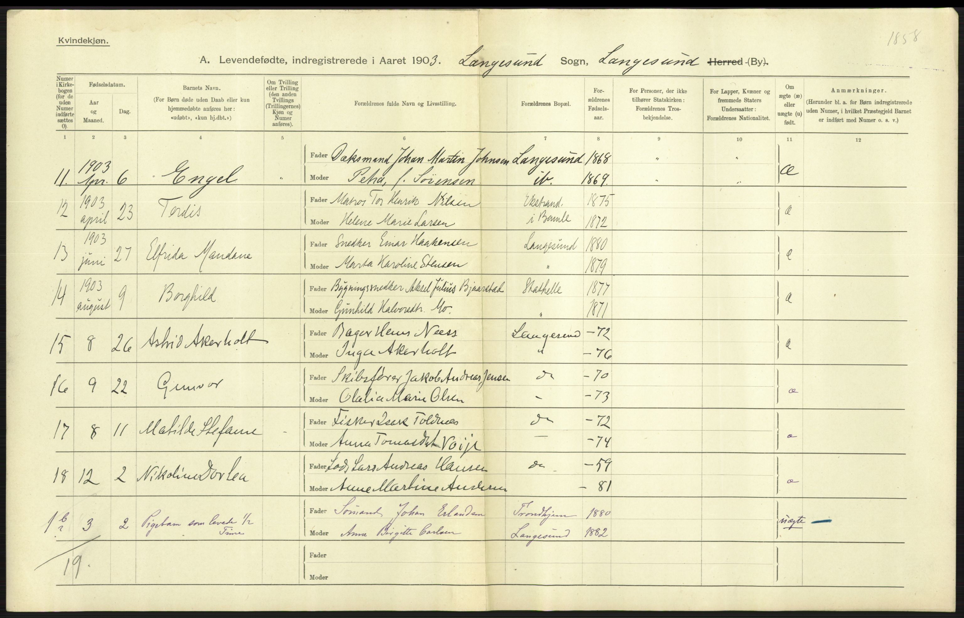 Statistisk sentralbyrå, Sosiodemografiske emner, Befolkning, AV/RA-S-2228/D/Df/Dfa/Dfaa/L0009: Bratsberg amt: Fødte, gifte, døde, 1903, s. 277