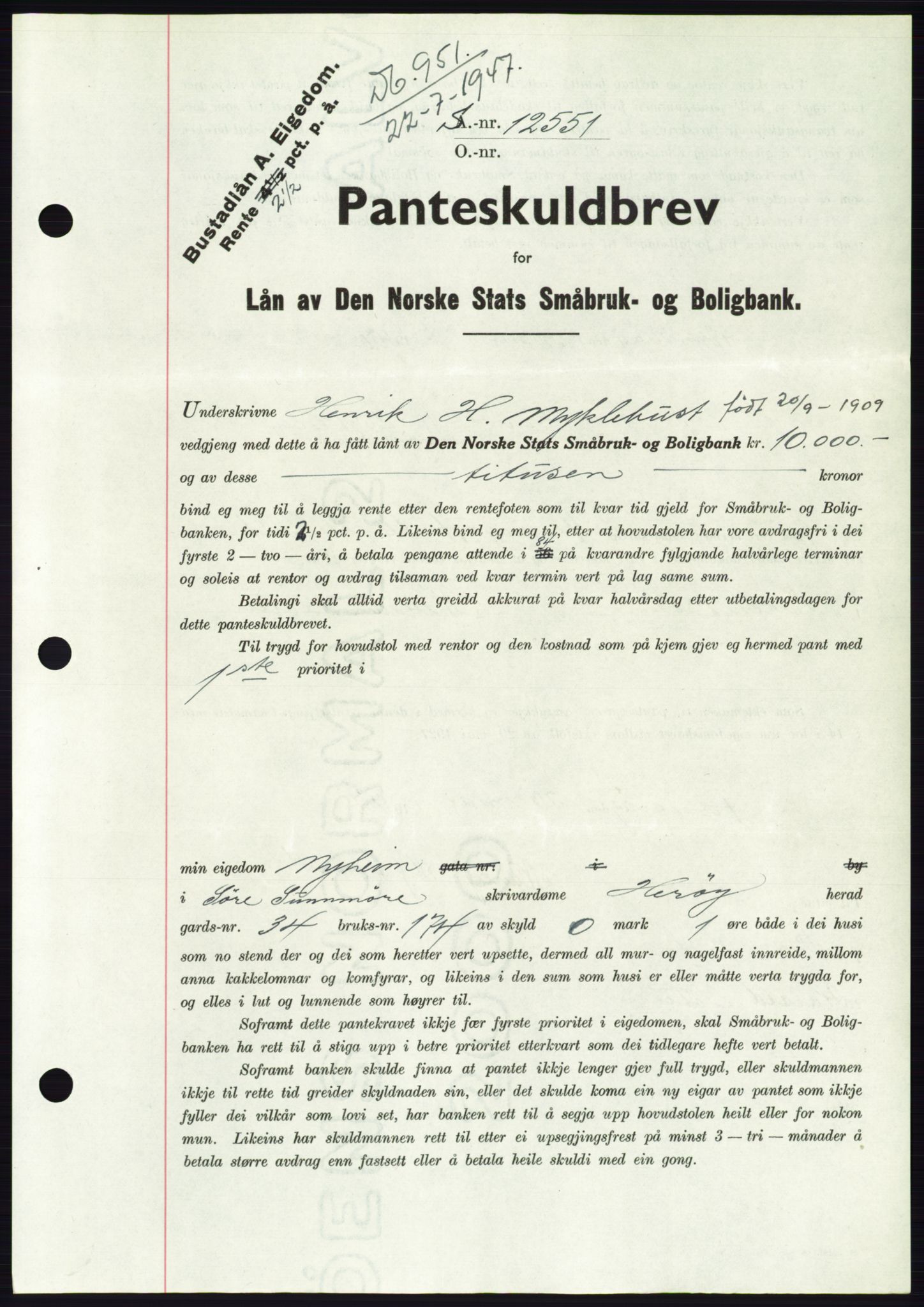 Søre Sunnmøre sorenskriveri, AV/SAT-A-4122/1/2/2C/L0115: Pantebok nr. 3B, 1947-1948, Dagboknr: 951/1947