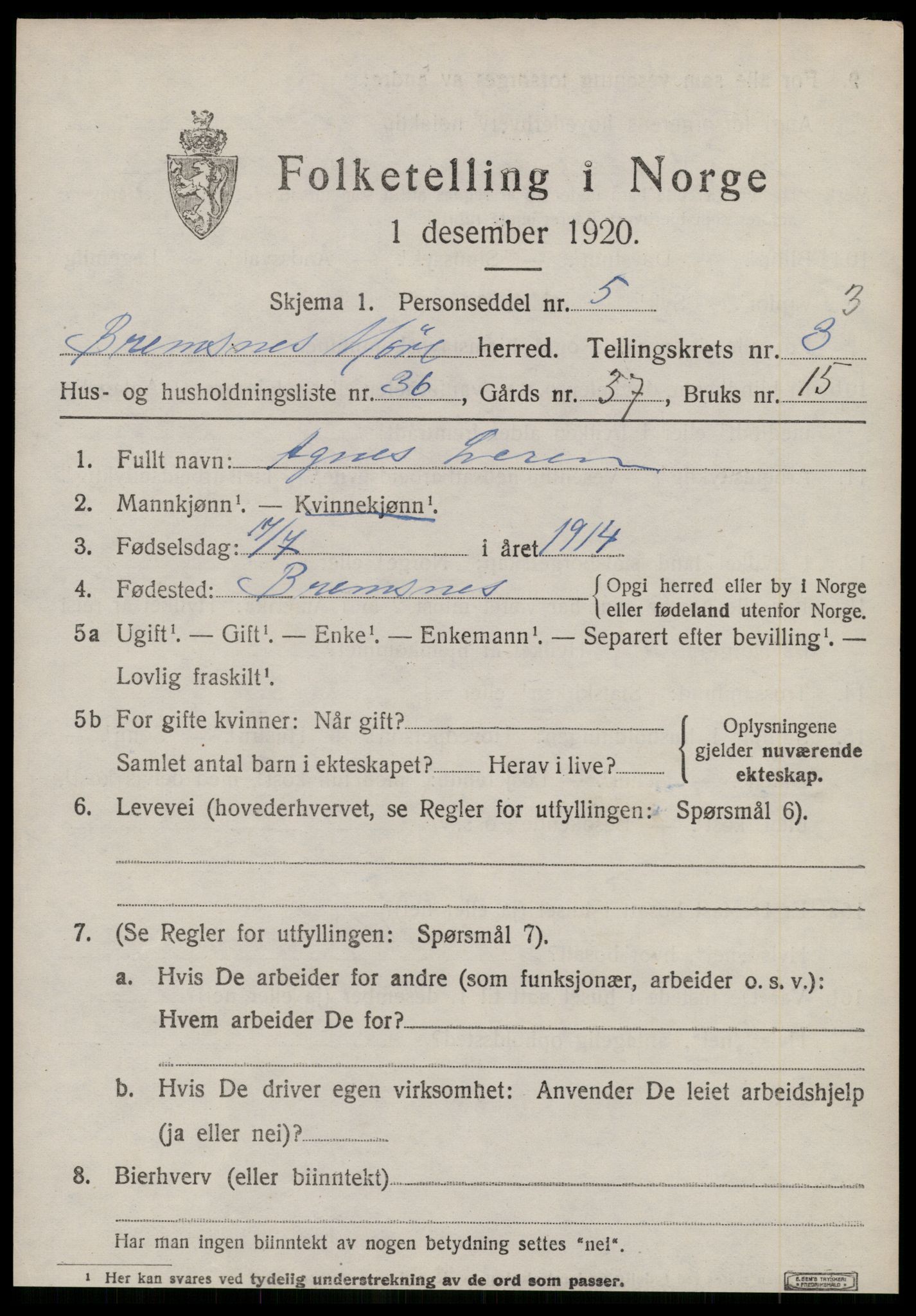 SAT, Folketelling 1920 for 1554 Bremsnes herred, 1920, s. 3851