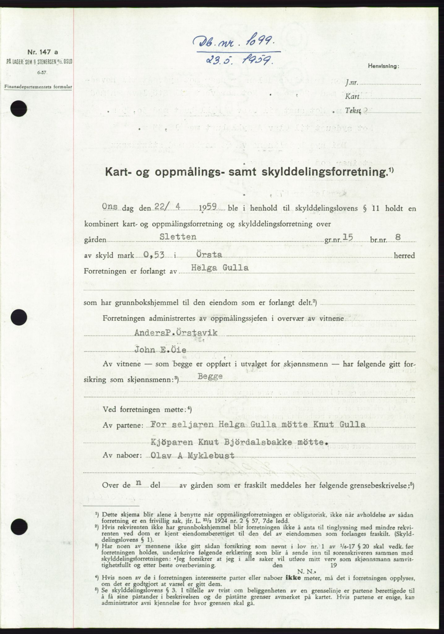 Søre Sunnmøre sorenskriveri, SAT/A-4122/1/2/2C/L0112: Pantebok nr. 38A, 1959-1959, Dagboknr: 1099/1959