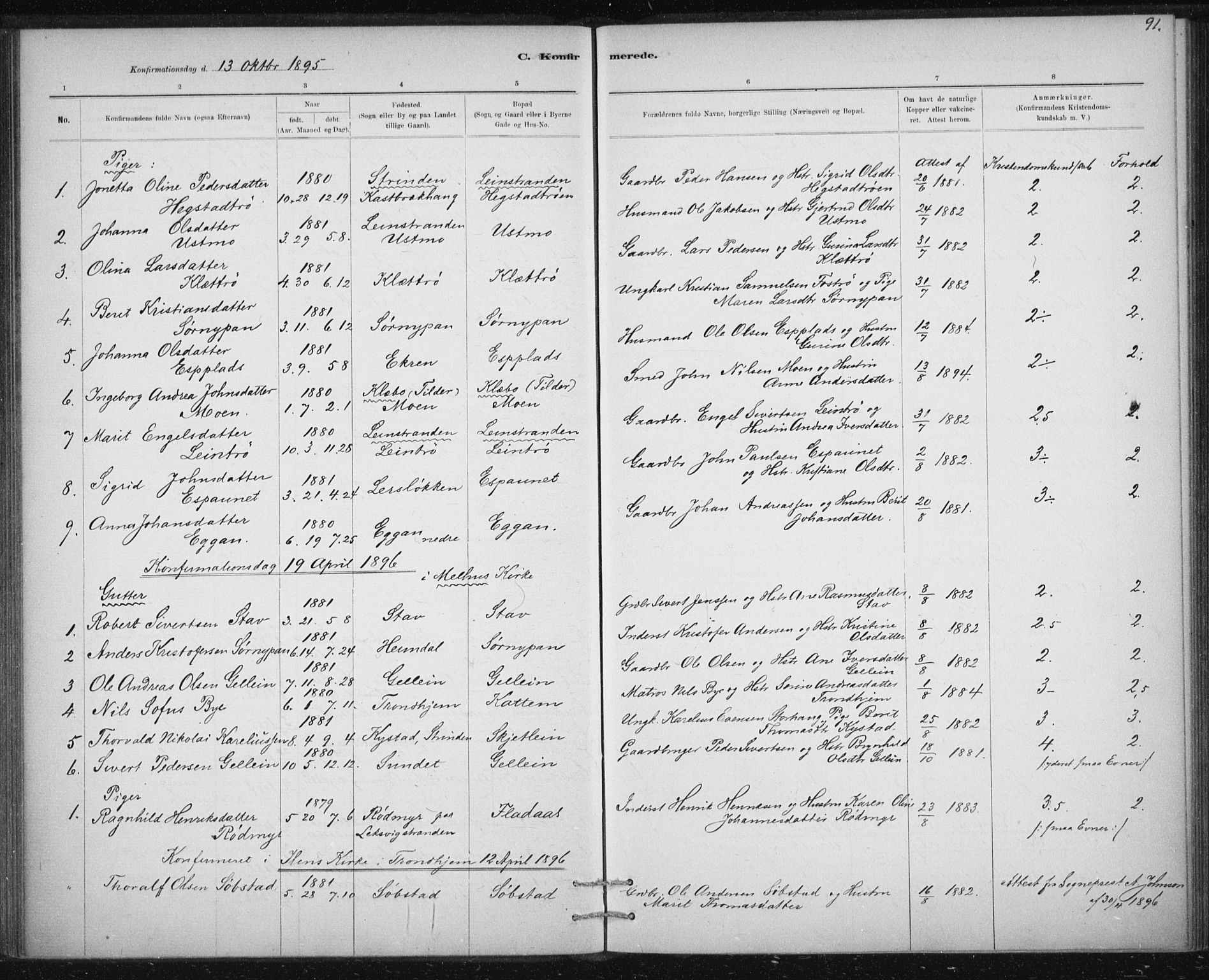 Ministerialprotokoller, klokkerbøker og fødselsregistre - Sør-Trøndelag, SAT/A-1456/613/L0392: Ministerialbok nr. 613A01, 1887-1906, s. 91