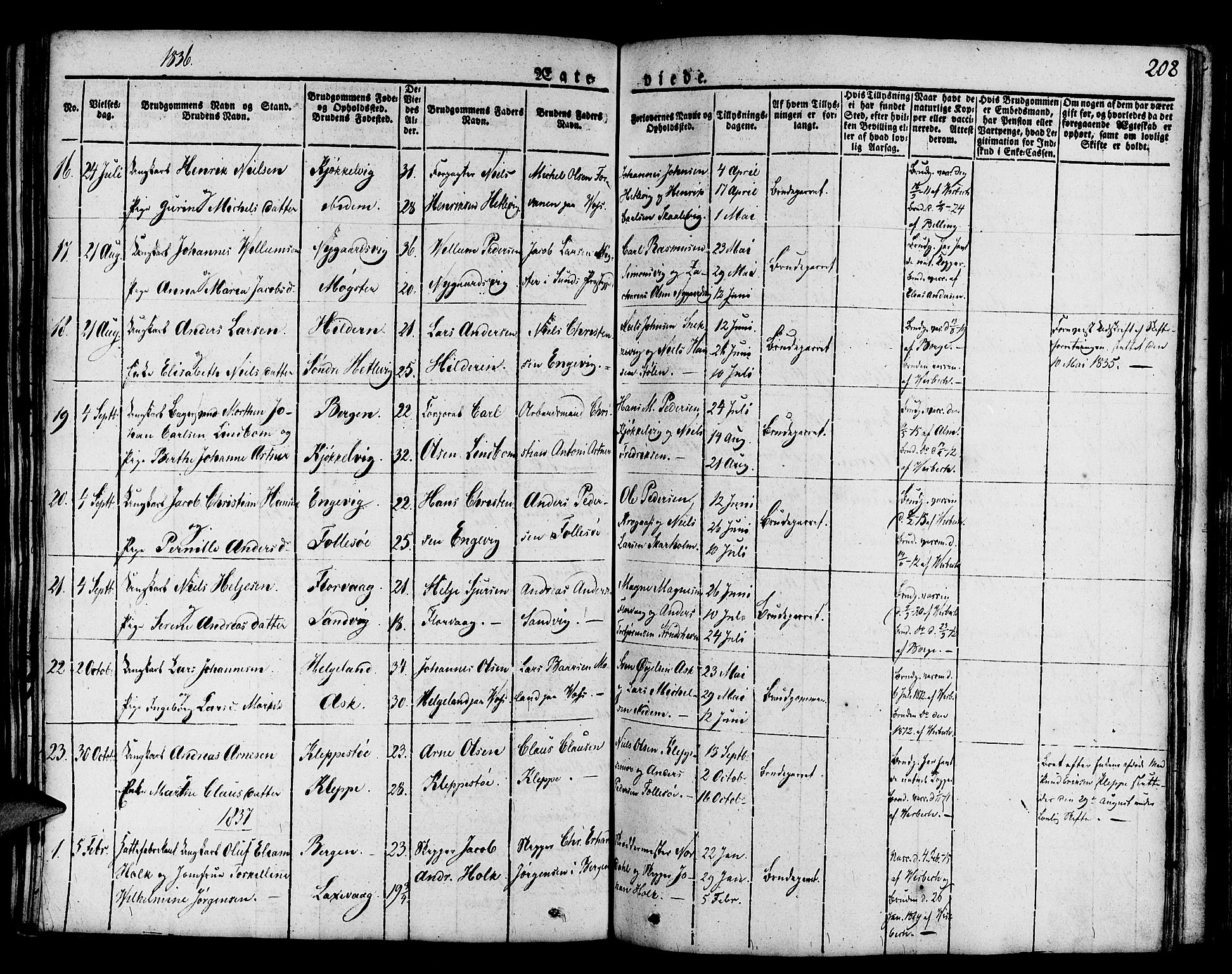 Askøy Sokneprestembete, AV/SAB-A-74101/H/Ha/Haa/Haaa/L0004: Ministerialbok nr. A 4, 1825-1845, s. 208