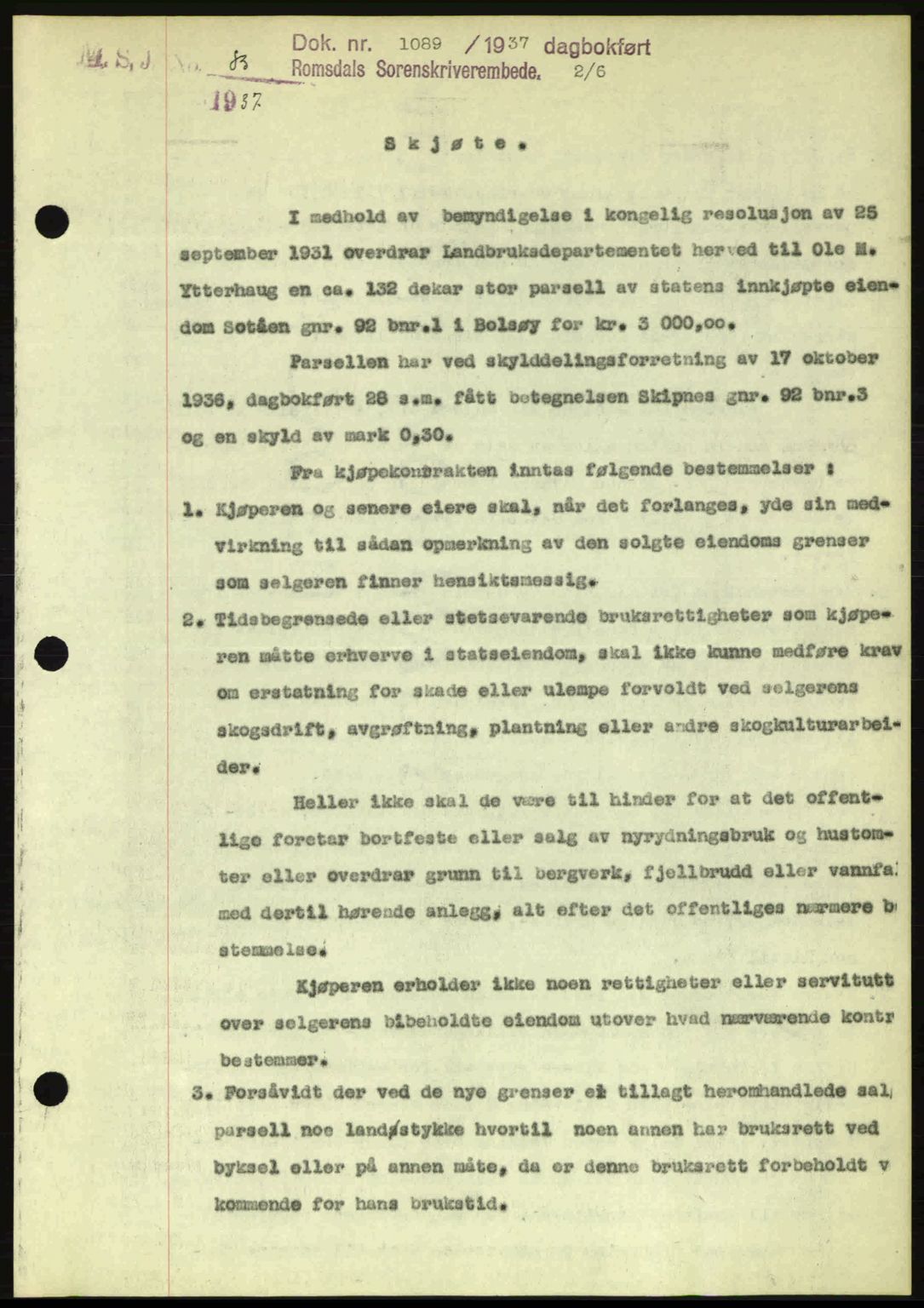 Romsdal sorenskriveri, SAT/A-4149/1/2/2C: Pantebok nr. A3, 1937-1937, Dagboknr: 1089/1937