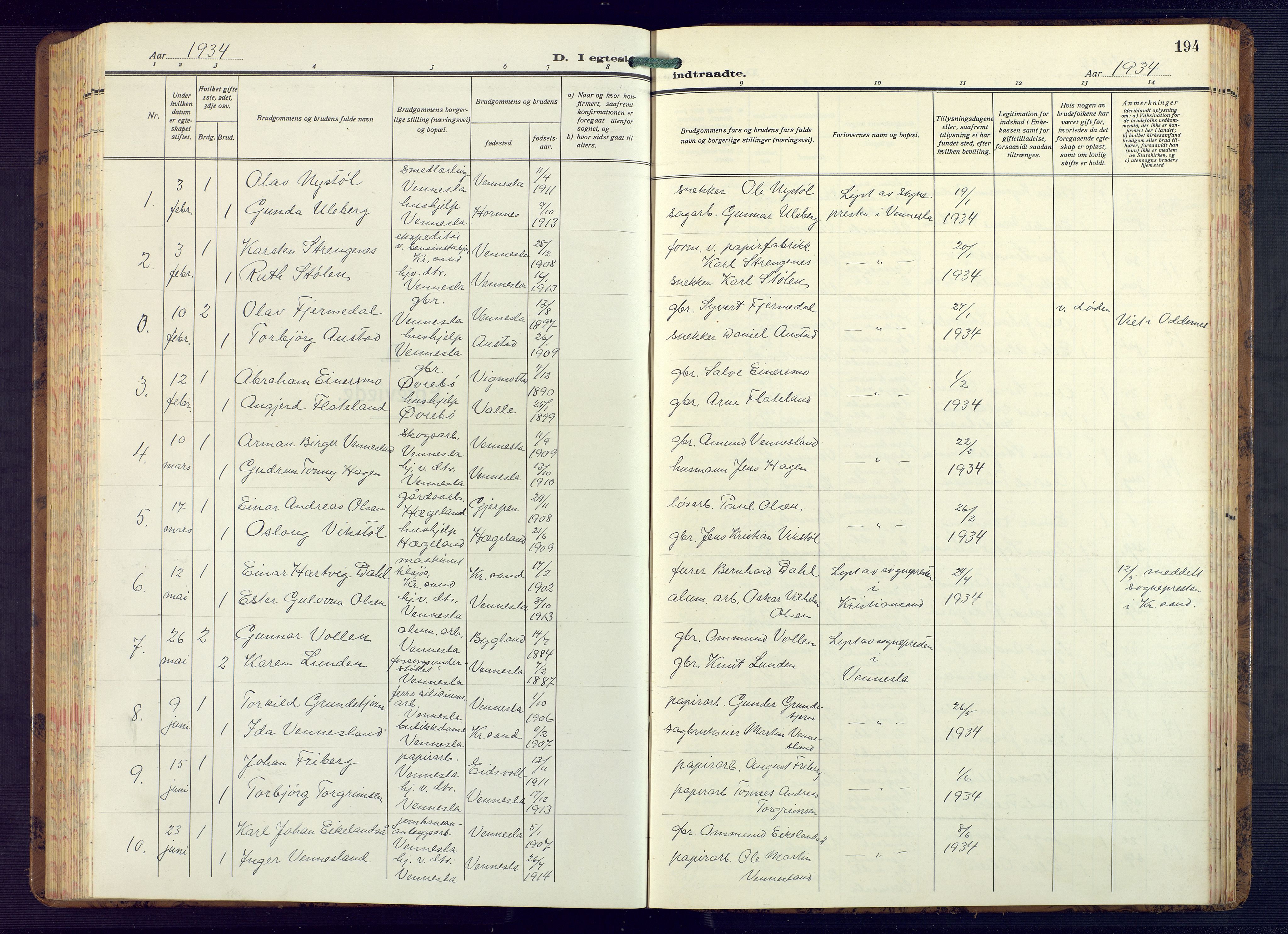 Vennesla sokneprestkontor, AV/SAK-1111-0045/Fb/Fbb/L0008: Klokkerbok nr. B 8, 1934-1947, s. 194