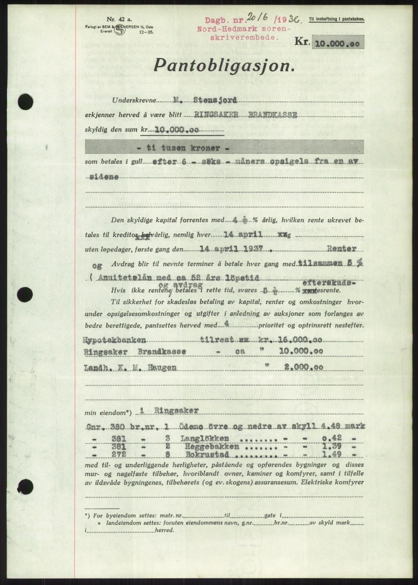 Nord-Hedmark sorenskriveri, SAH/TING-012/H/Hb/Hbf/L0001: Pantebok nr. B1, 1936-1936, Dagboknr: 2016/1936