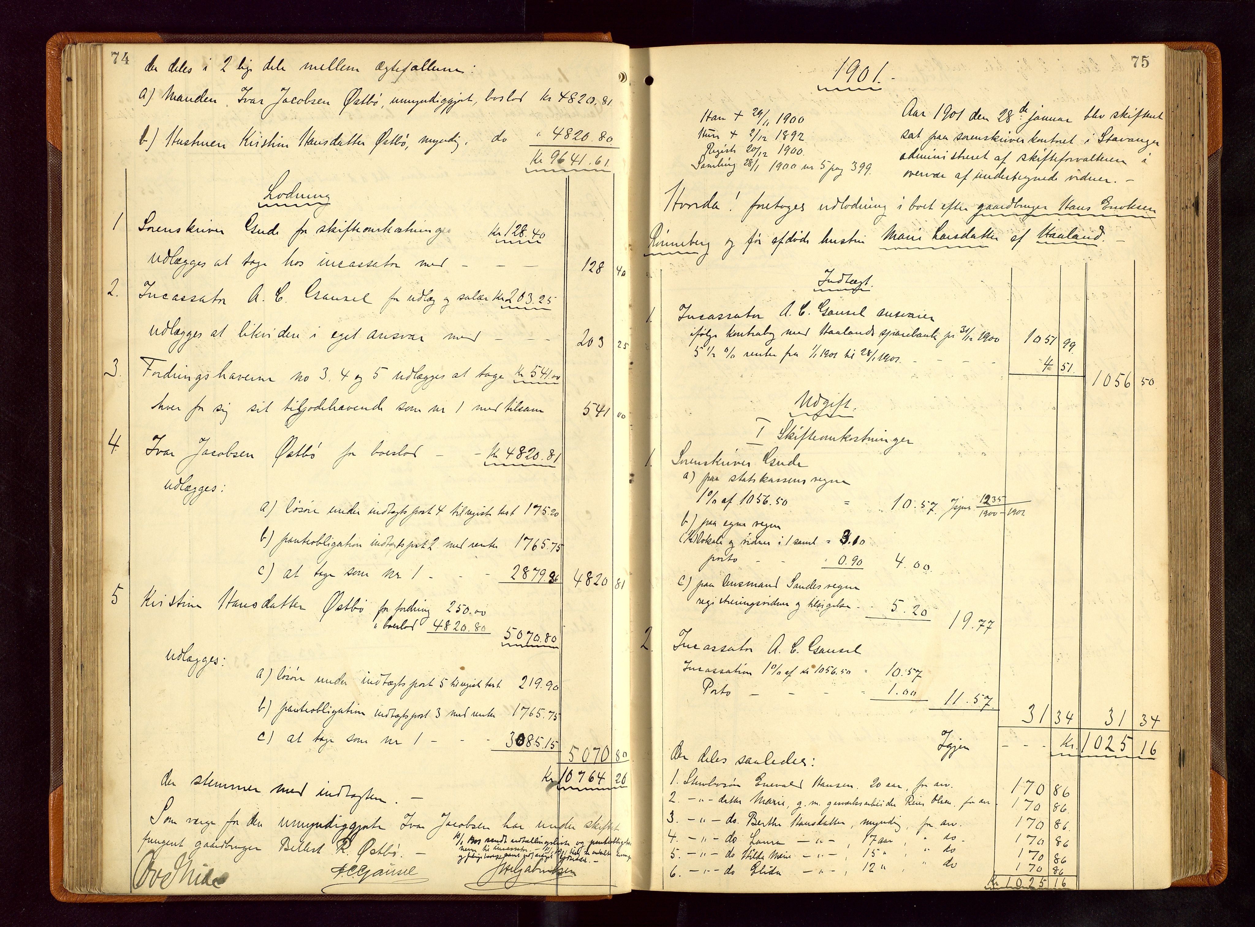 Jæren sorenskriveri, AV/SAST-A-100310/01/5/50/50BB/L0006: SKIFTEUTLODNINGSPROTOKOLL, 1900-1907, s. 74-75