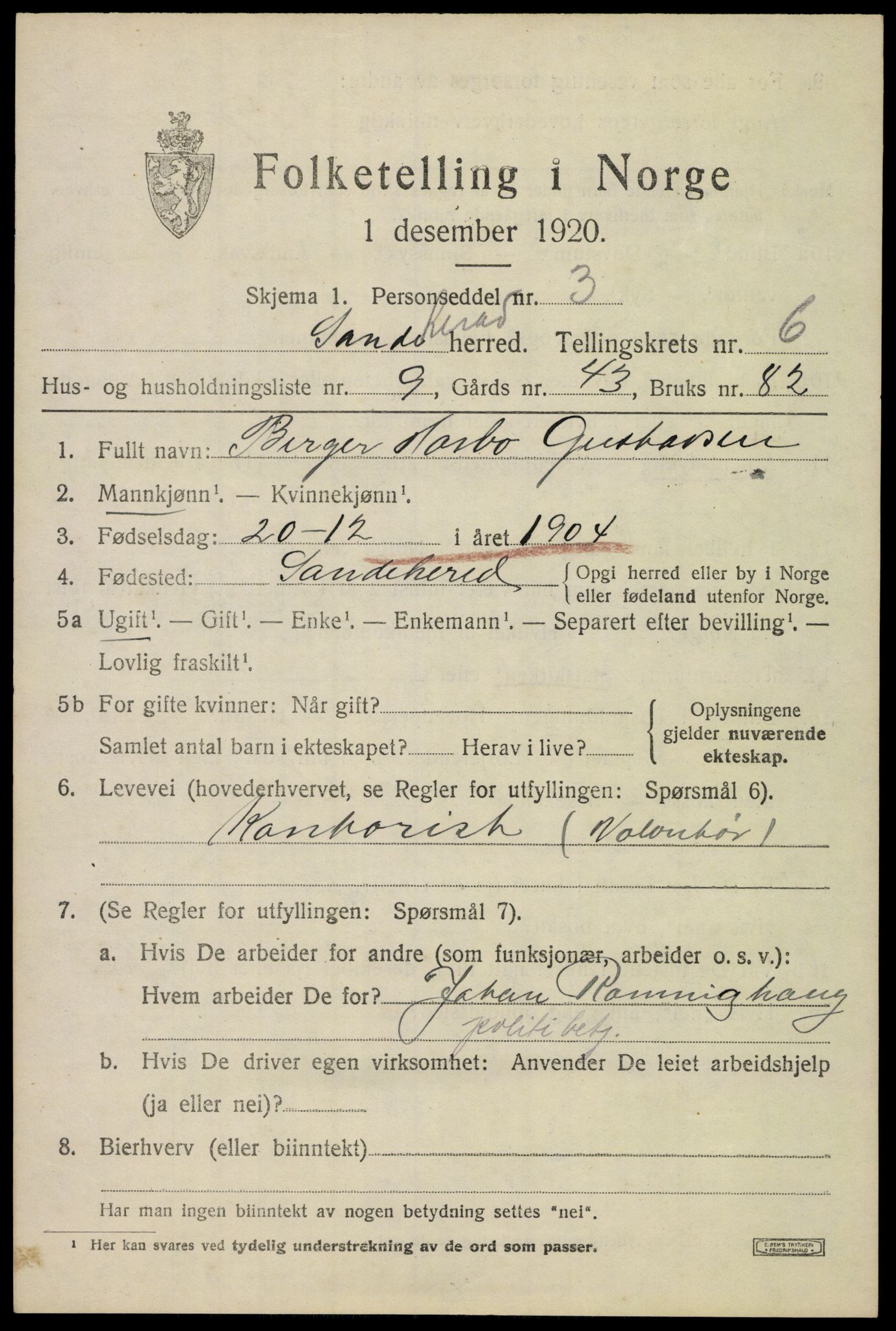 SAKO, Folketelling 1920 for 0724 Sandeherred herred, 1920, s. 9708