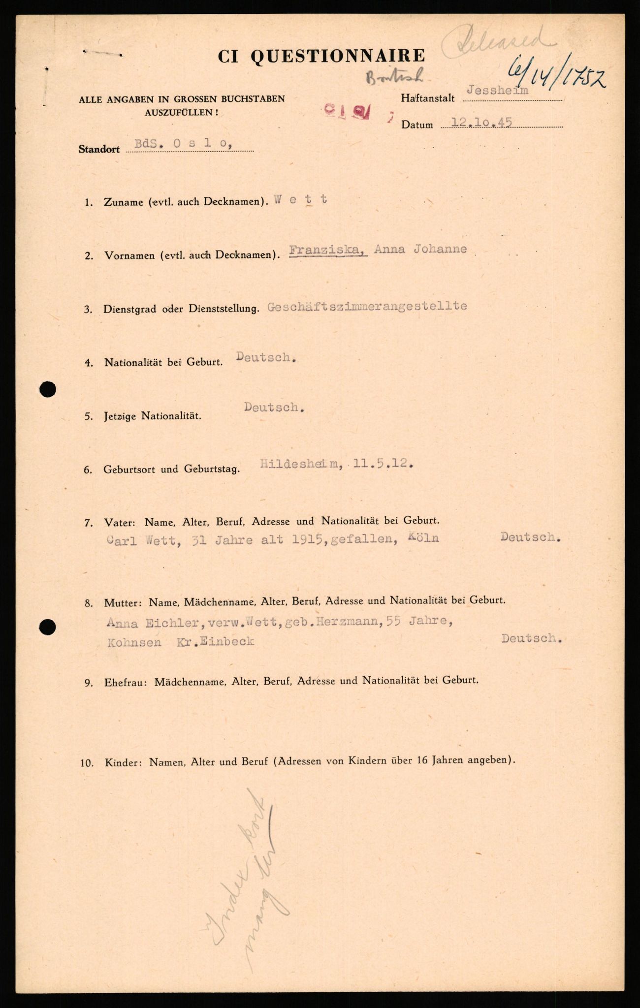 Forsvaret, Forsvarets overkommando II, RA/RAFA-3915/D/Db/L0035: CI Questionaires. Tyske okkupasjonsstyrker i Norge. Tyskere., 1945-1946, s. 456