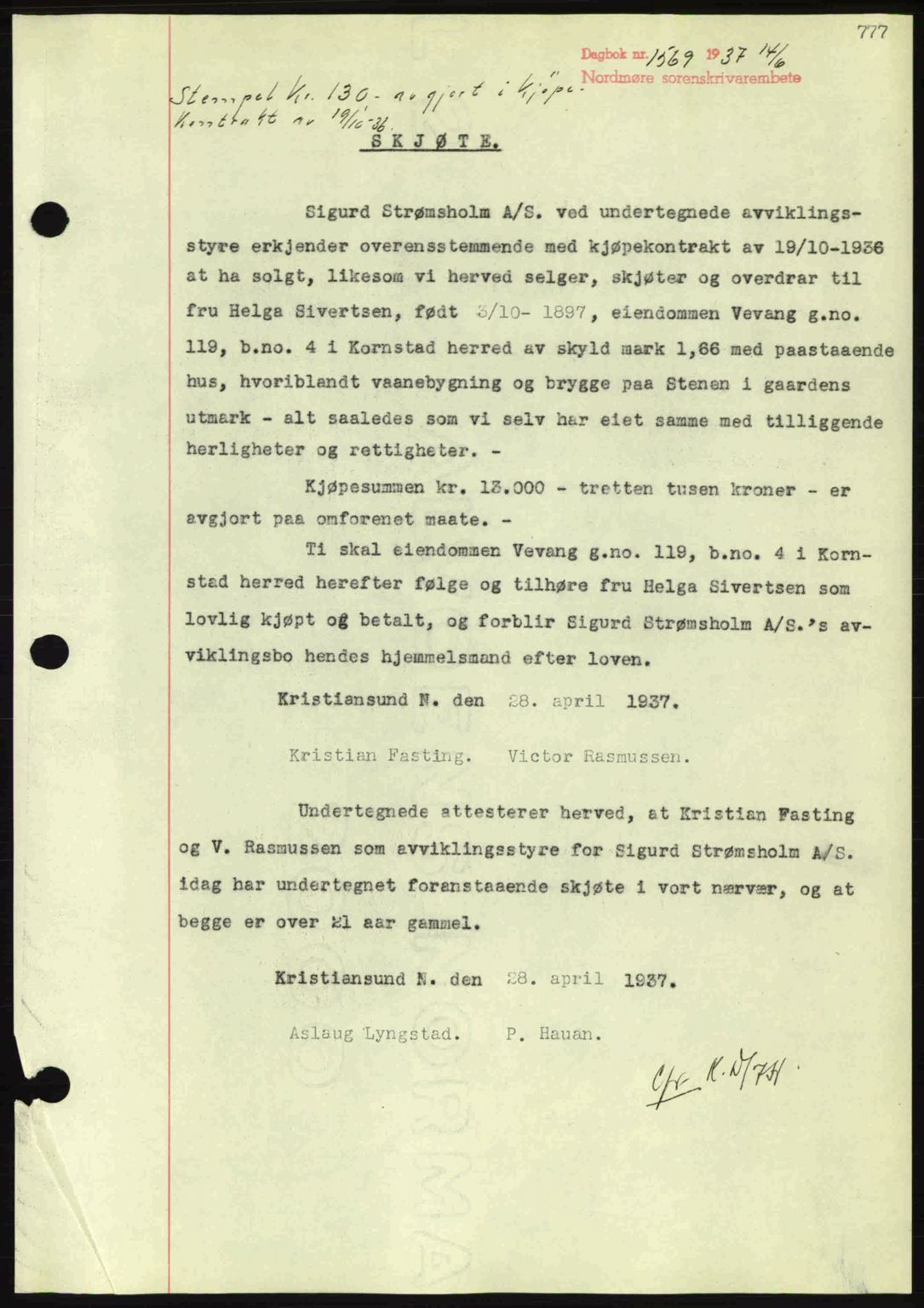 Nordmøre sorenskriveri, SAT/A-4132/1/2/2Ca: Pantebok nr. A81, 1937-1937, Dagboknr: 1569/1937