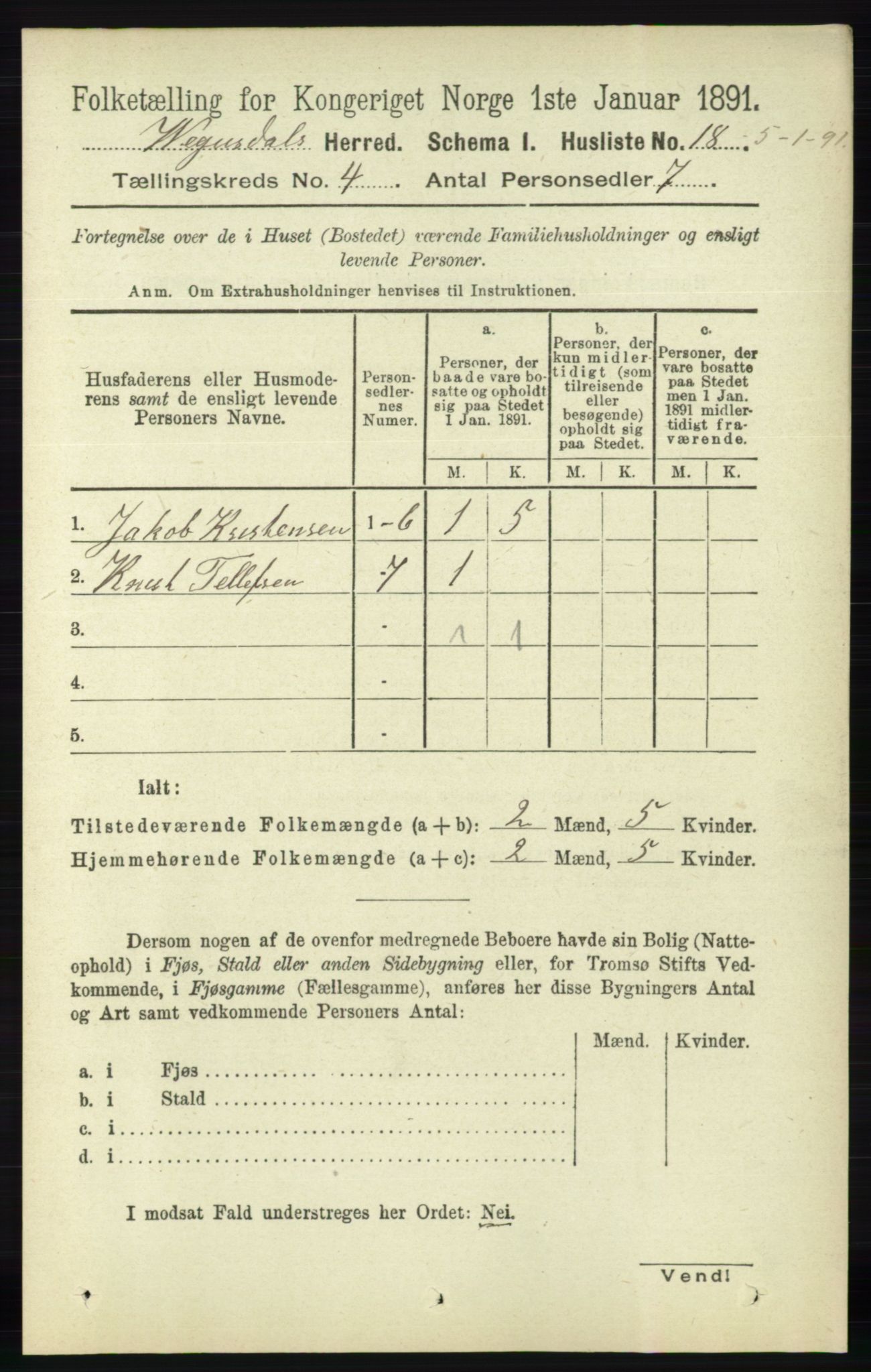 RA, Folketelling 1891 for 0934 Vegusdal herred, 1891, s. 704