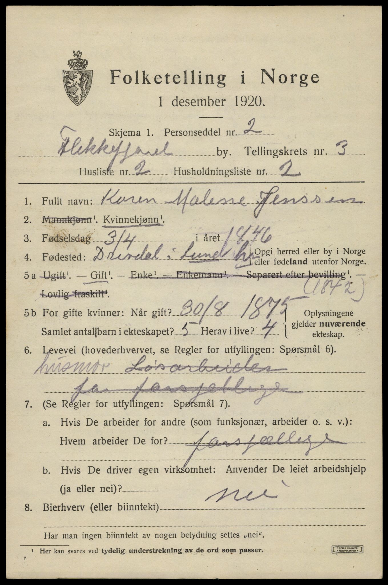 SAK, Folketelling 1920 for 1004 Flekkefjord kjøpstad, 1920, s. 3430