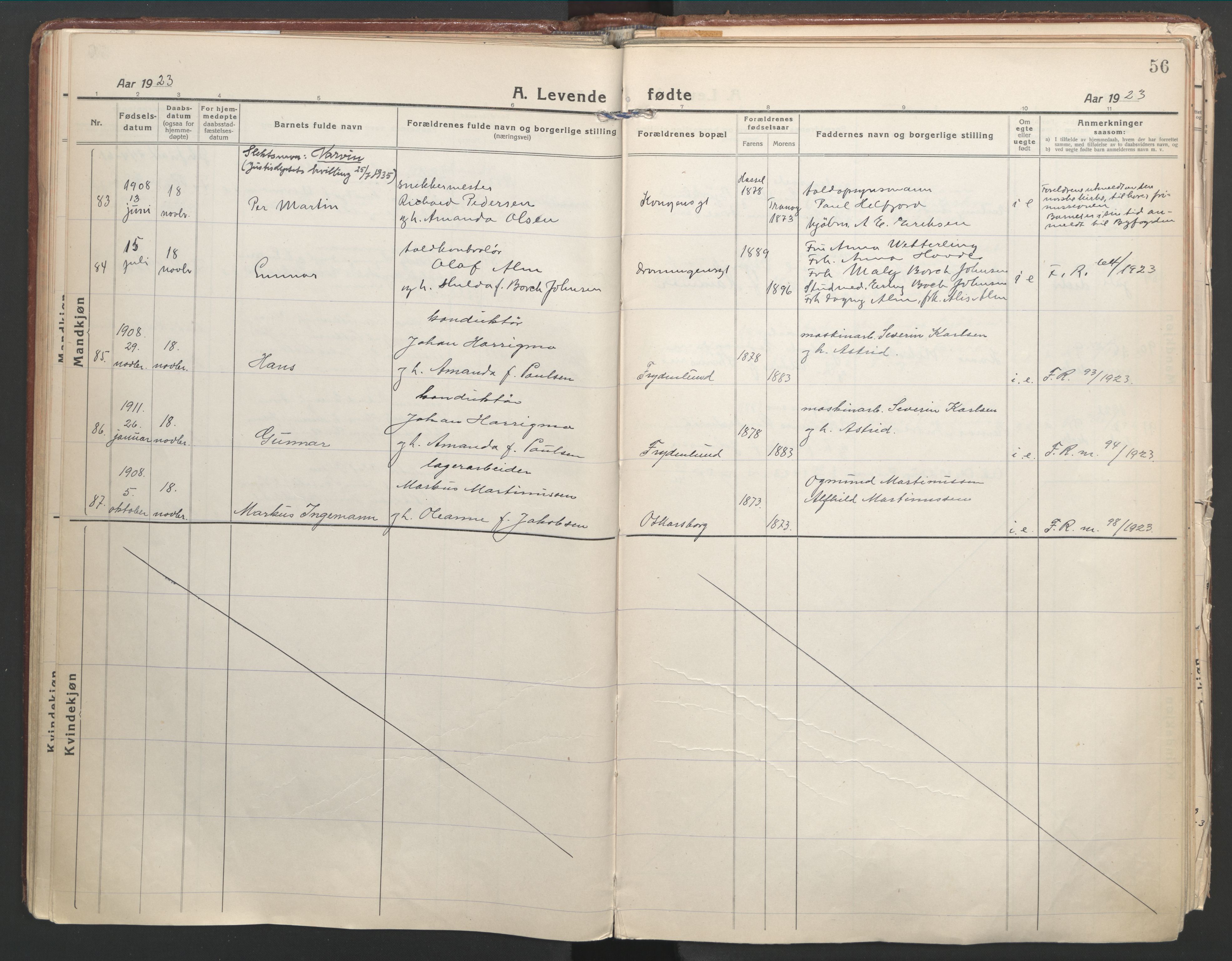 Ministerialprotokoller, klokkerbøker og fødselsregistre - Nordland, SAT/A-1459/871/L1003: Ministerialbok nr. 871A19, 1921-1930, s. 56