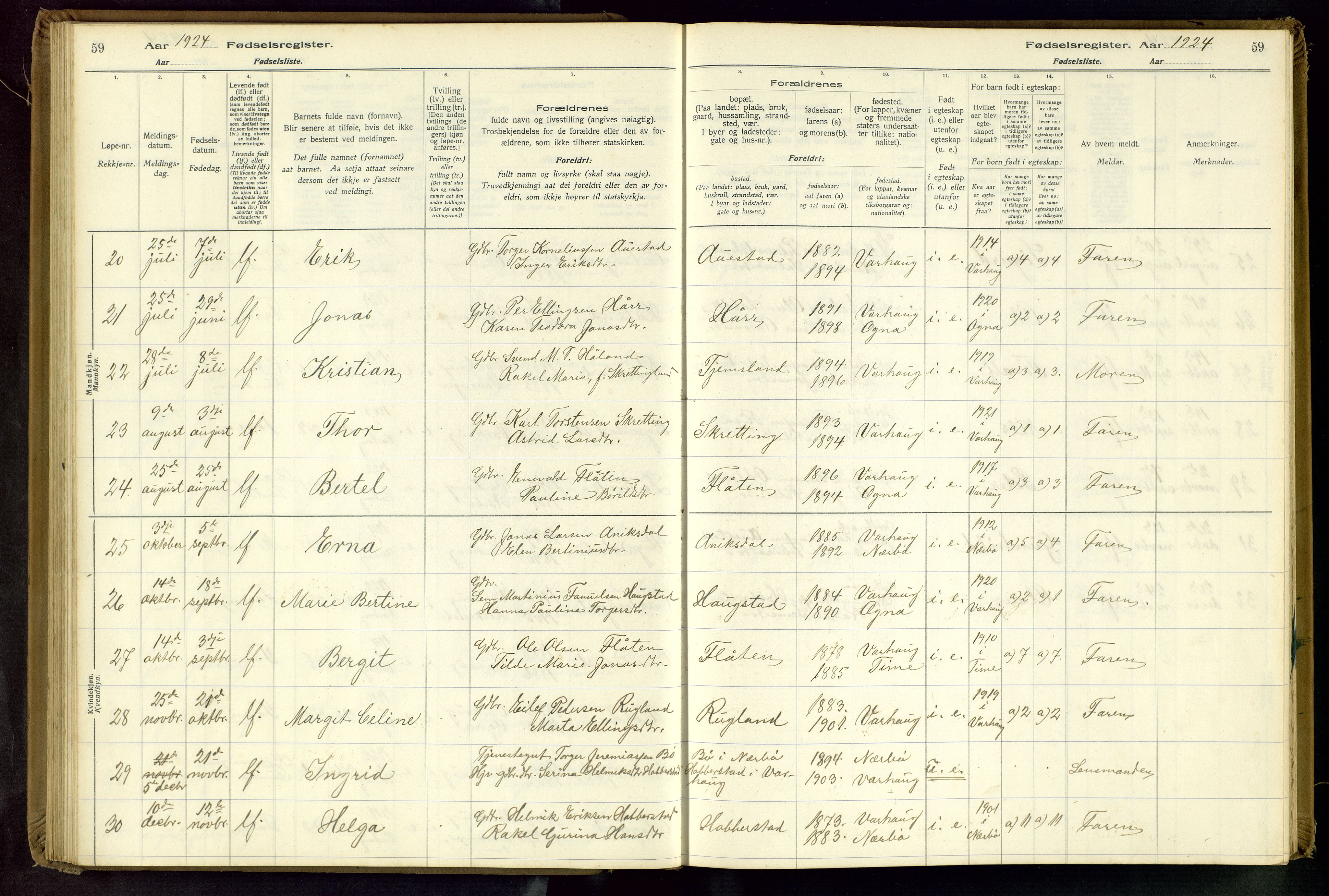 Hå sokneprestkontor, AV/SAST-A-101801/001/704BA/L0001: Fødselsregister nr. 1, 1916-1944, s. 59