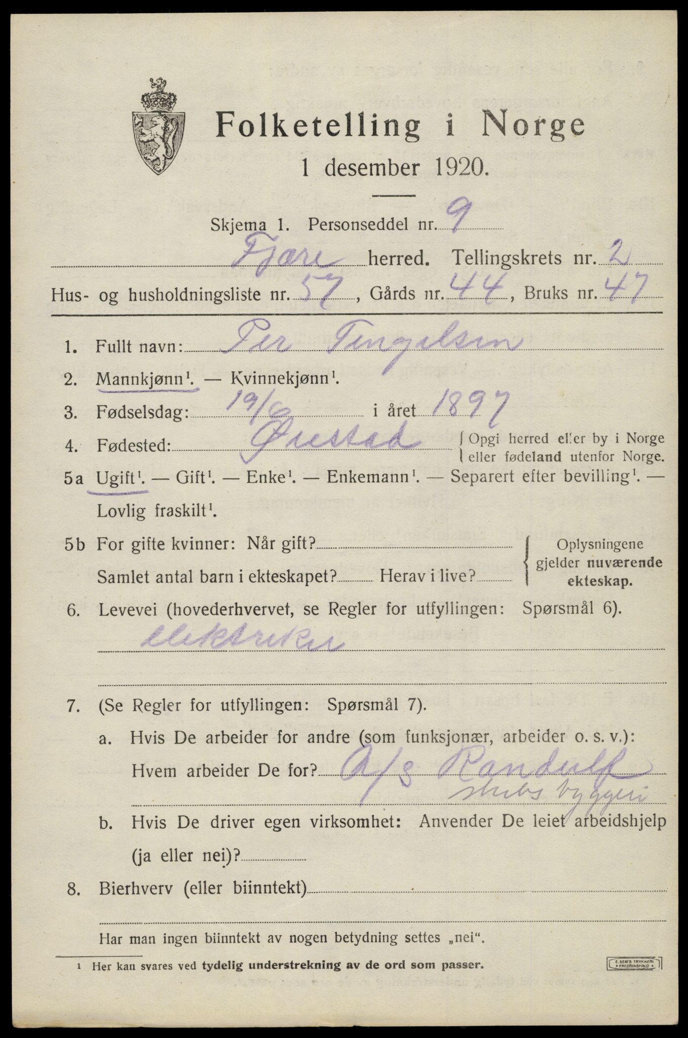 SAK, Folketelling 1920 for 0923 Fjære herred, 1920, s. 3903