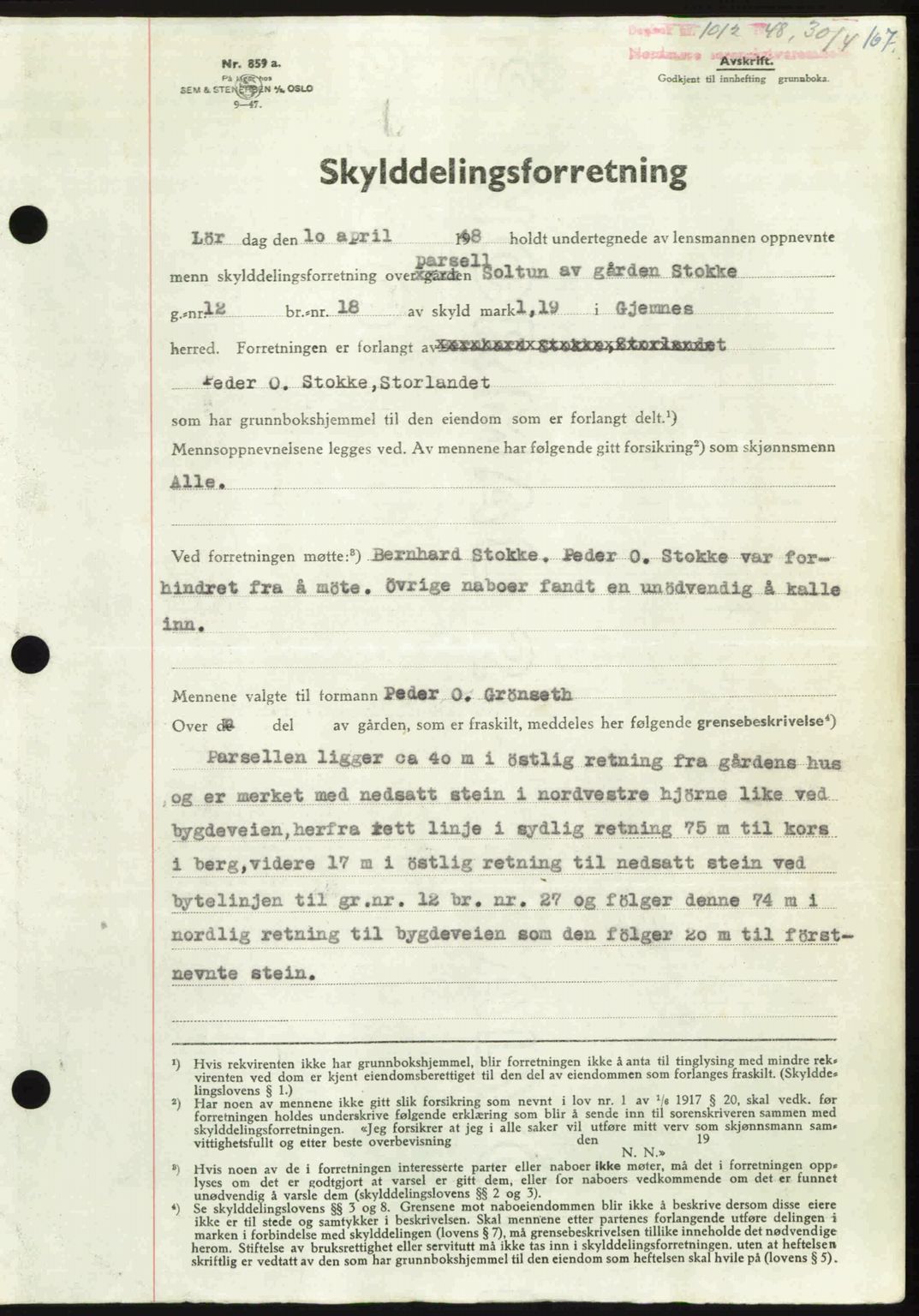 Nordmøre sorenskriveri, SAT/A-4132/1/2/2Ca: Pantebok nr. A108, 1948-1948, Dagboknr: 1012/1948
