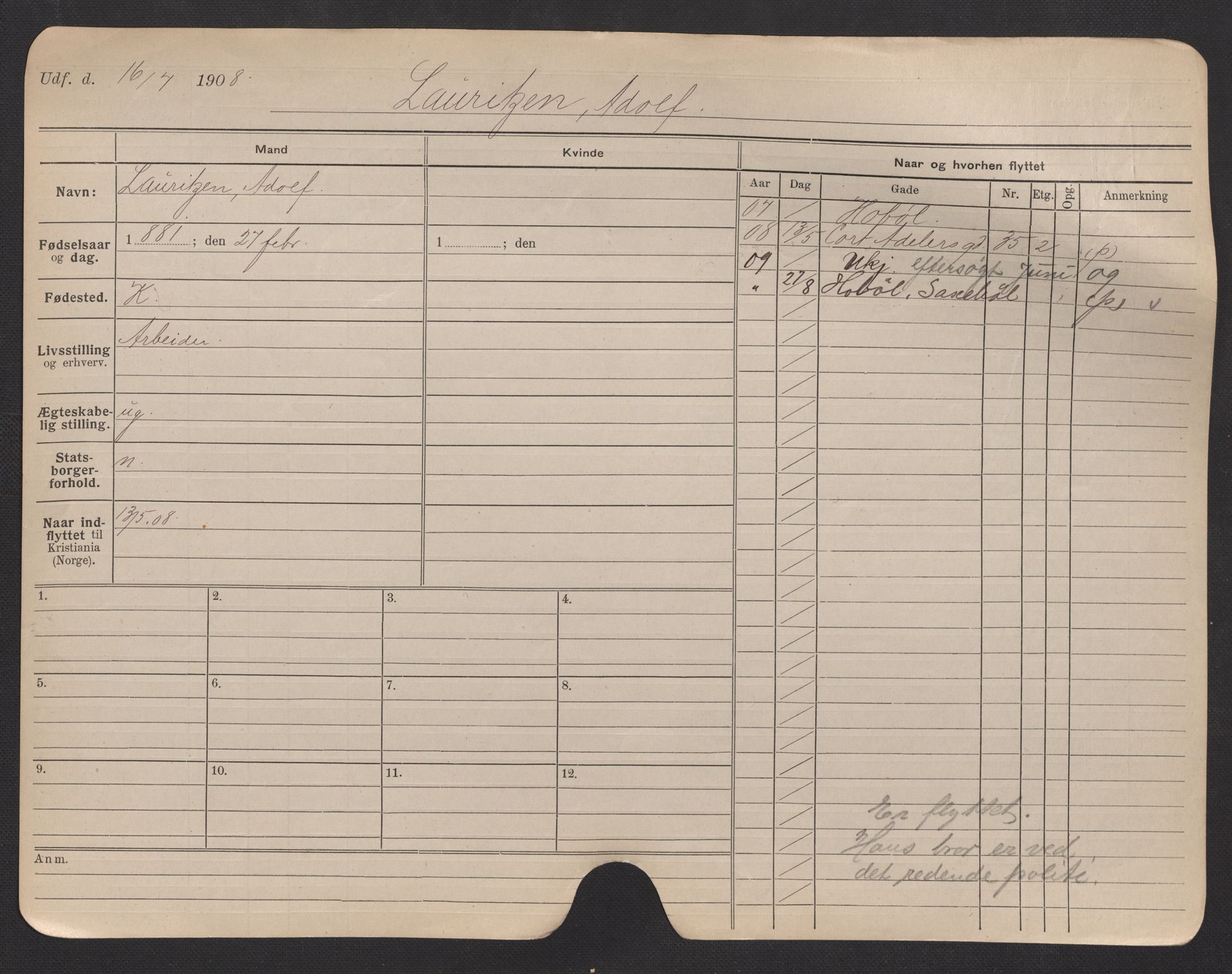 Oslo folkeregister, Registerkort, AV/SAO-A-11715/F/Fa/Fac/L0007: Menn, 1906-1914, s. 16a
