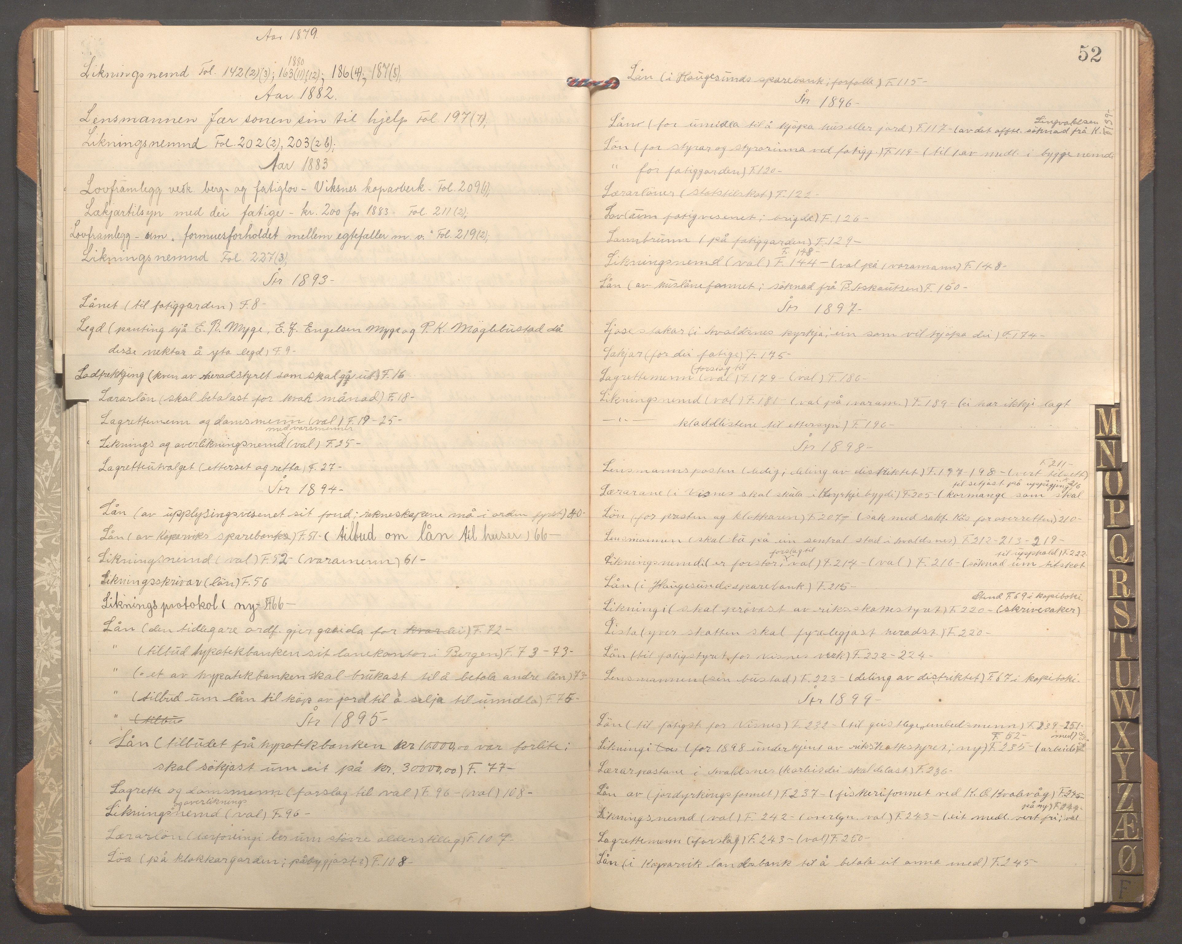Avaldsnes kommune - Formannskapet, IKAR/K-101651/C/Cb/L0001: Register til møtebok, 1838-1901, s. 52